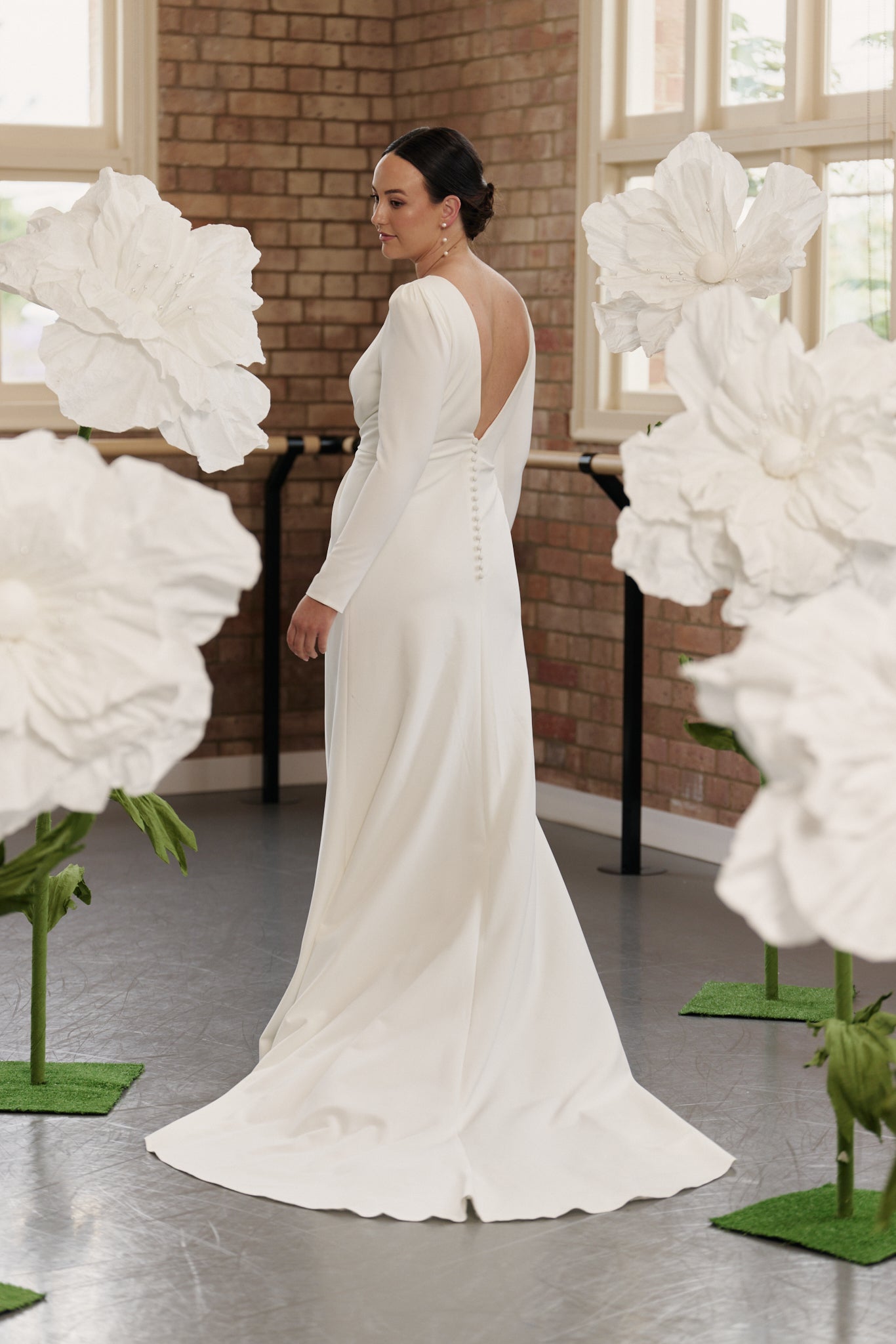Agnes Wedding Dress, backless, boat neck, front split, long sleeve wedding gown, with V shaped back.