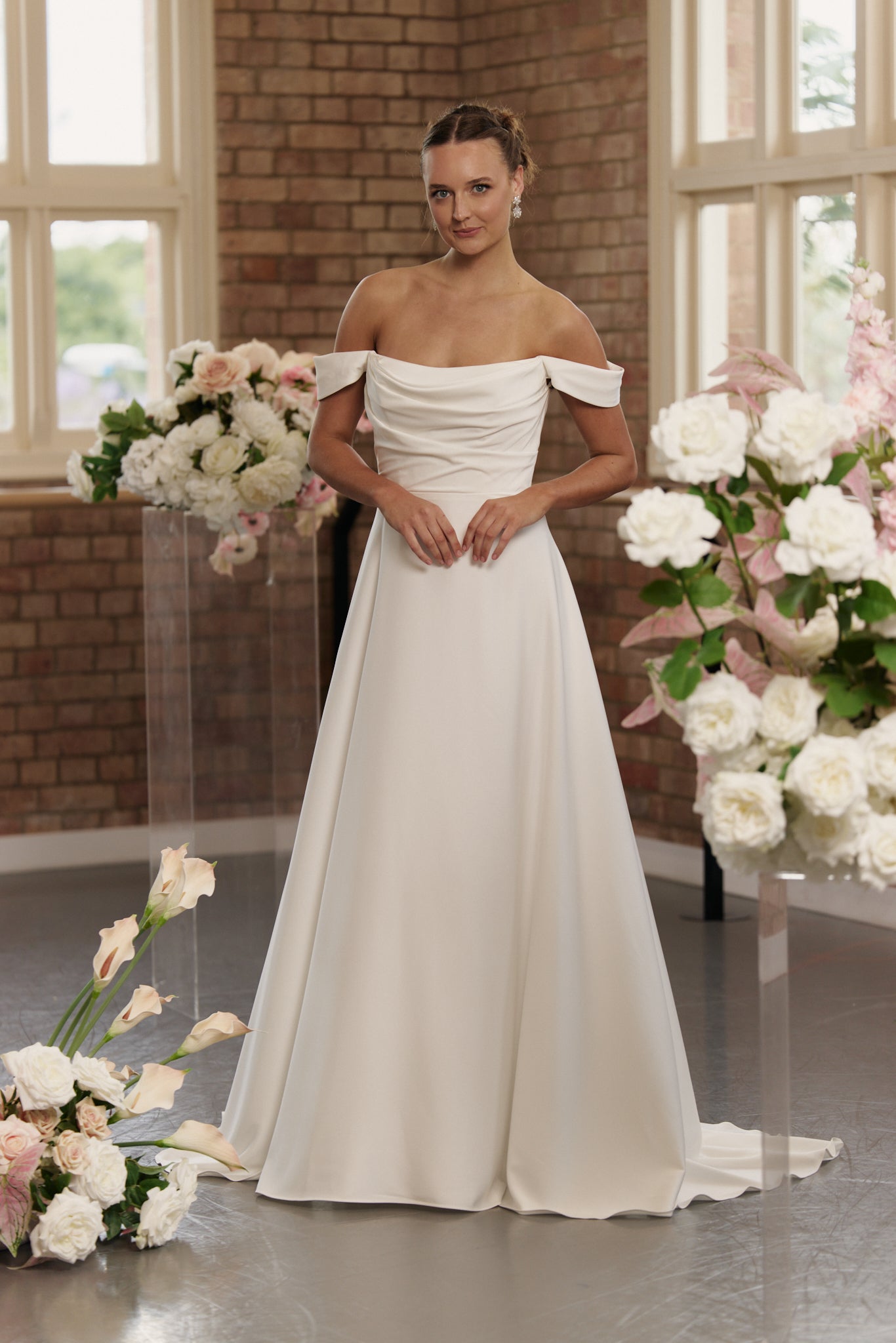 Anne wedding gown in crepe with softly ruched bodice and flowing A-line skirt, front full length view