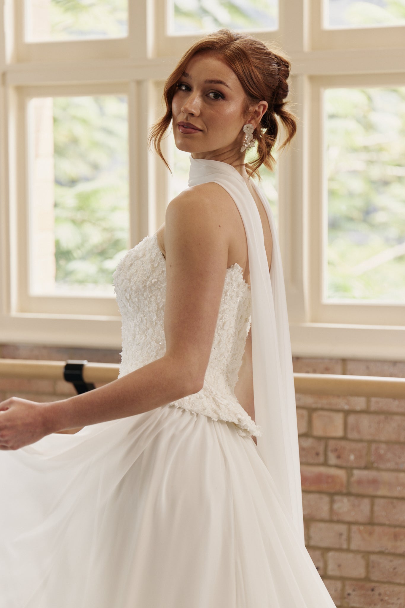 Close-up of Daisy textured lace wedding bodice