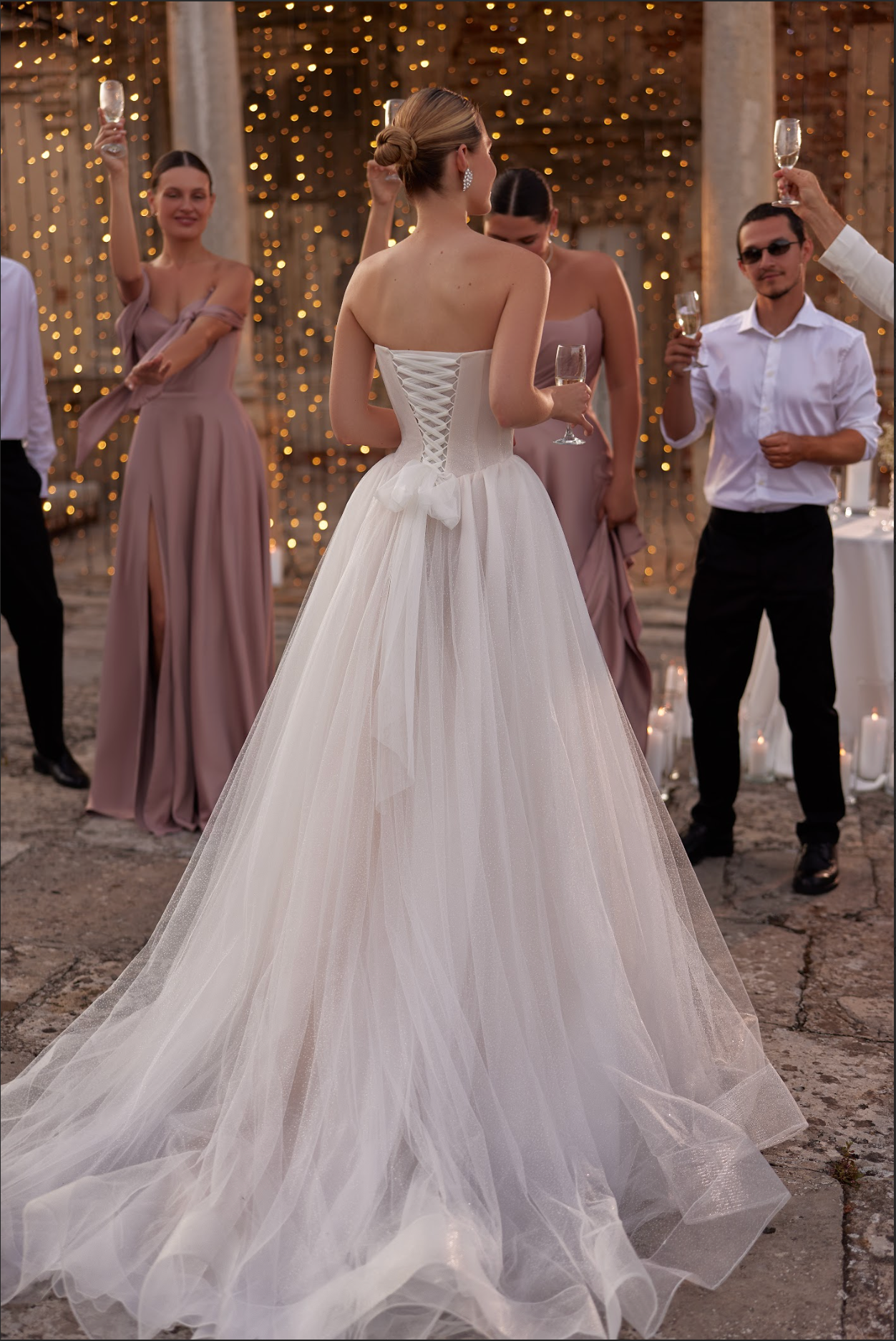 Ease Wedding Gown, corset bodice in pleated tulle with sparkly princess gown silhouette