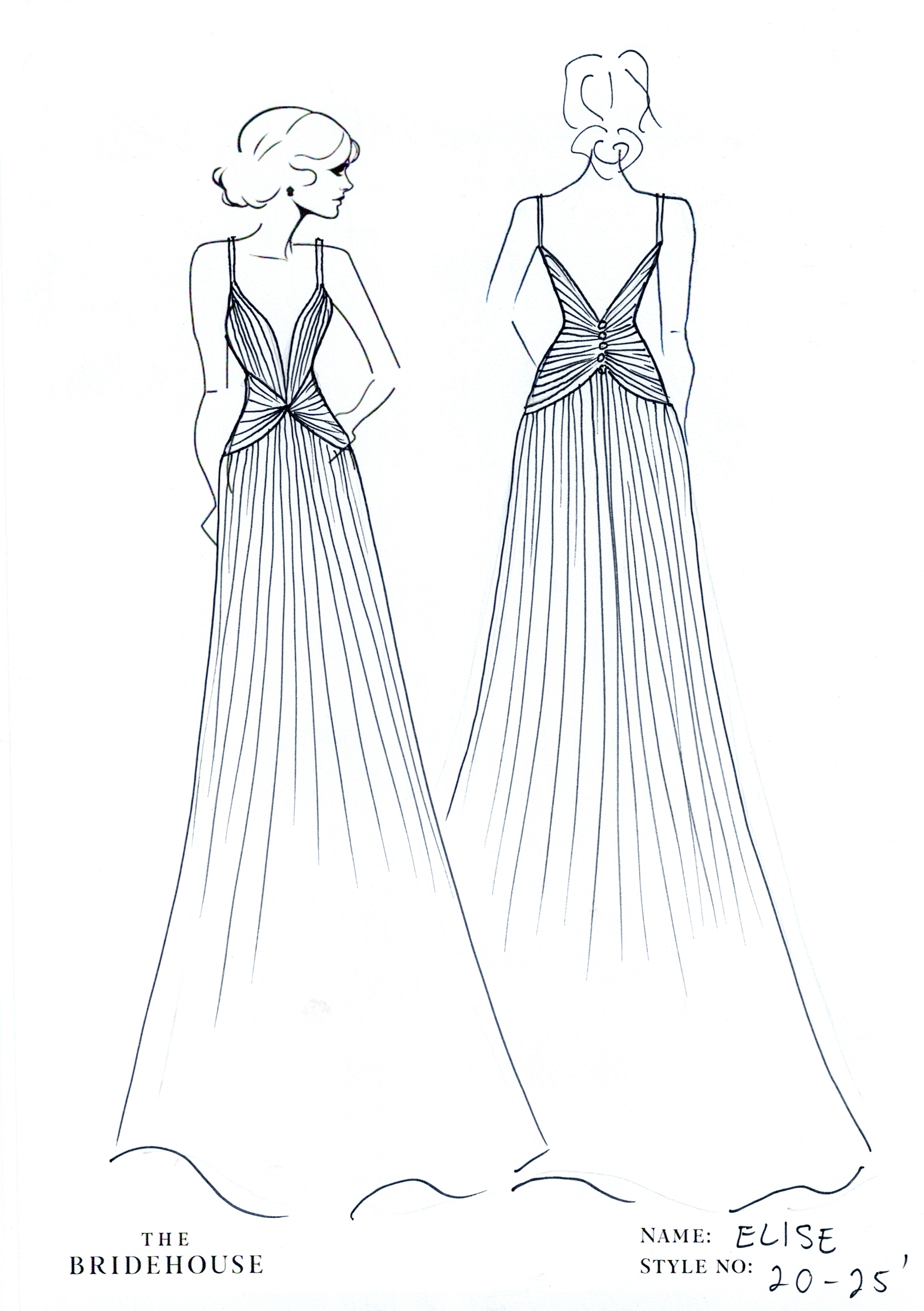Elise Wedding Gown, finely pleated chiffon, v neck, spaghetti straps, a line skirt