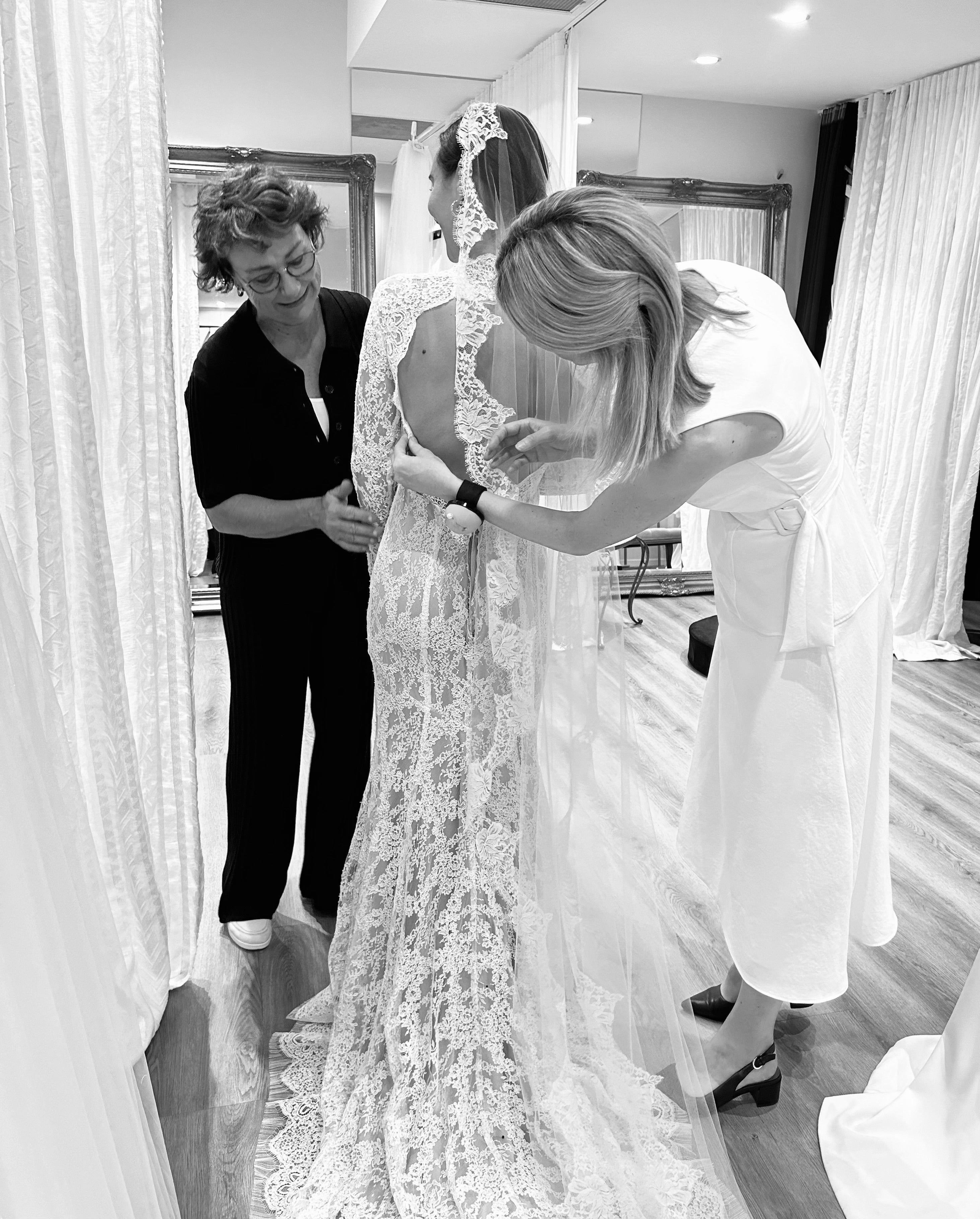 Gabrielle Spencer Fitting Jess in her Lace Long Sleeve Wedding Dress