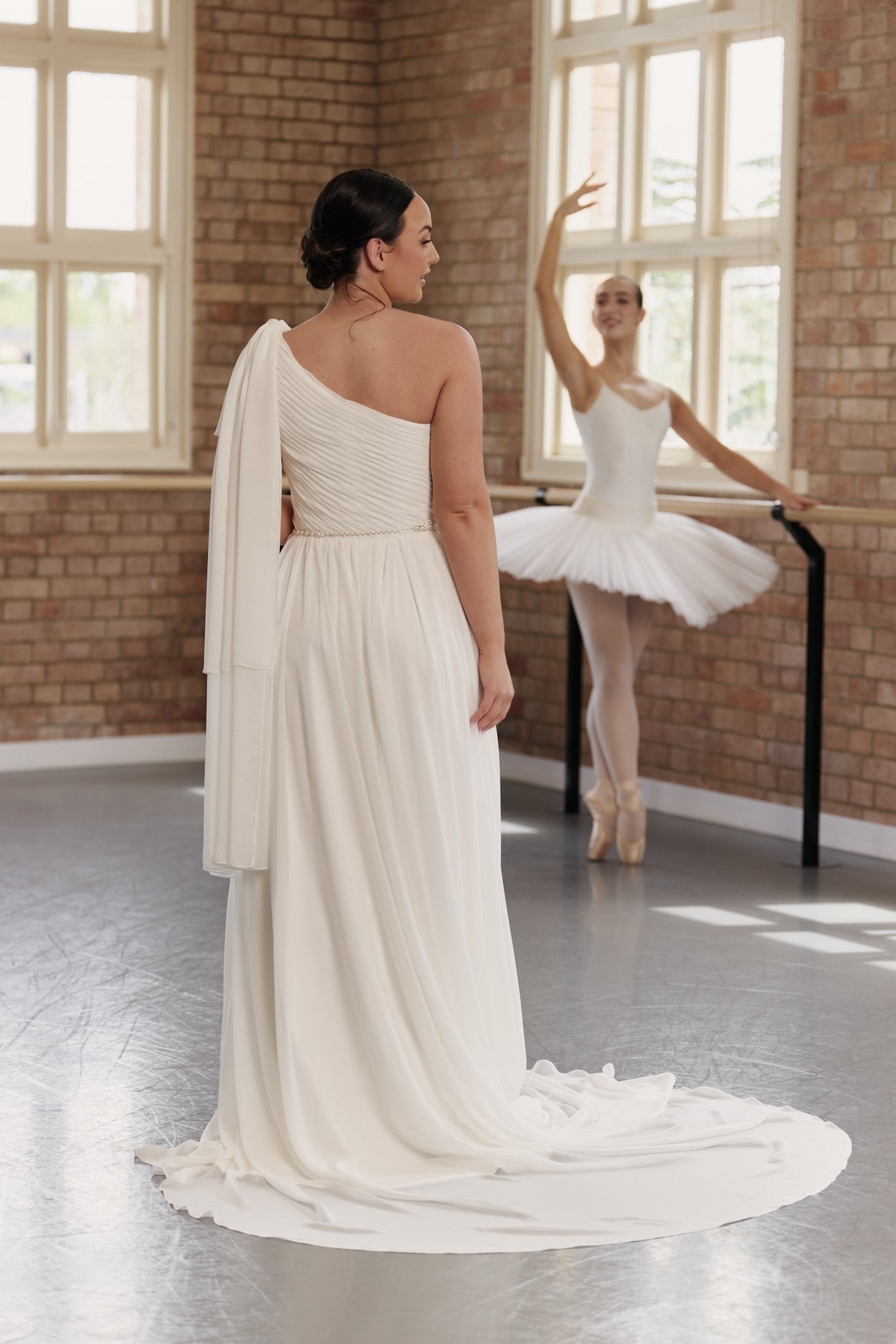 Back of one-shoulder ruched chiffon Kate wedding dress.