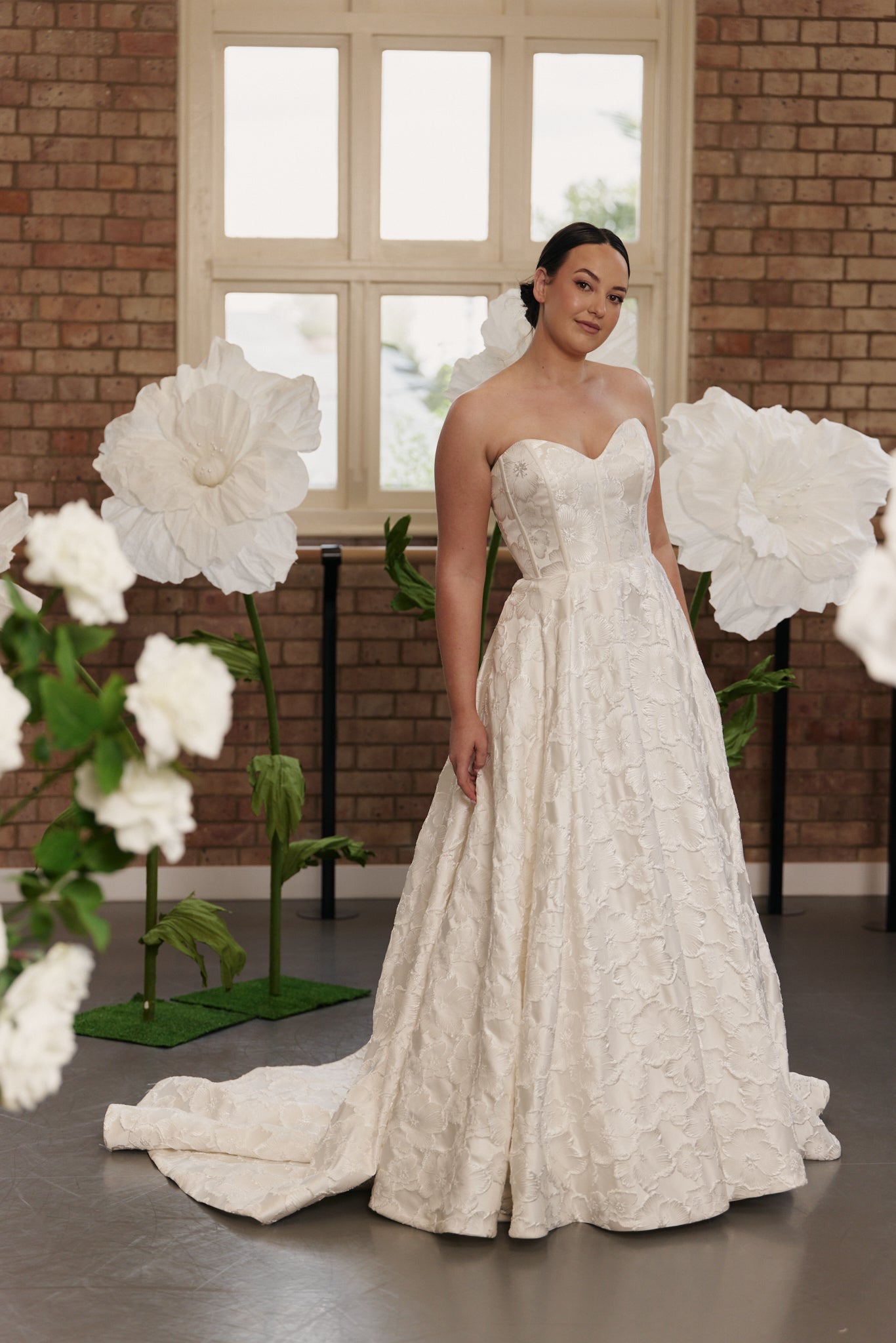The Savannah gown, classic sweetheart bridal design with a full skirt and choice of Mikado or floral jacquard fabric