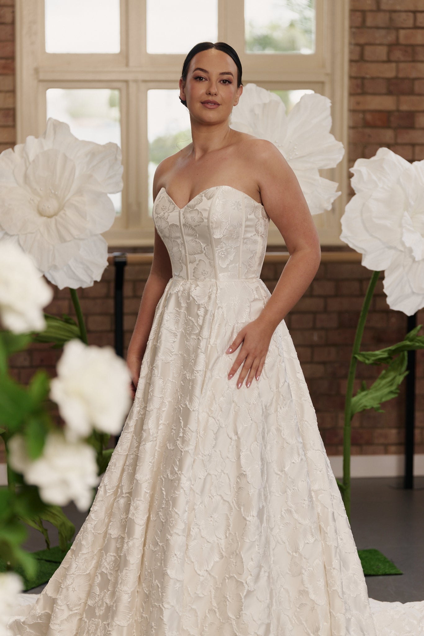 Front view of the Savannah wedding gown with sweetheart neckline, structured bodice, and full princess skirt in Mikado or jacquard.