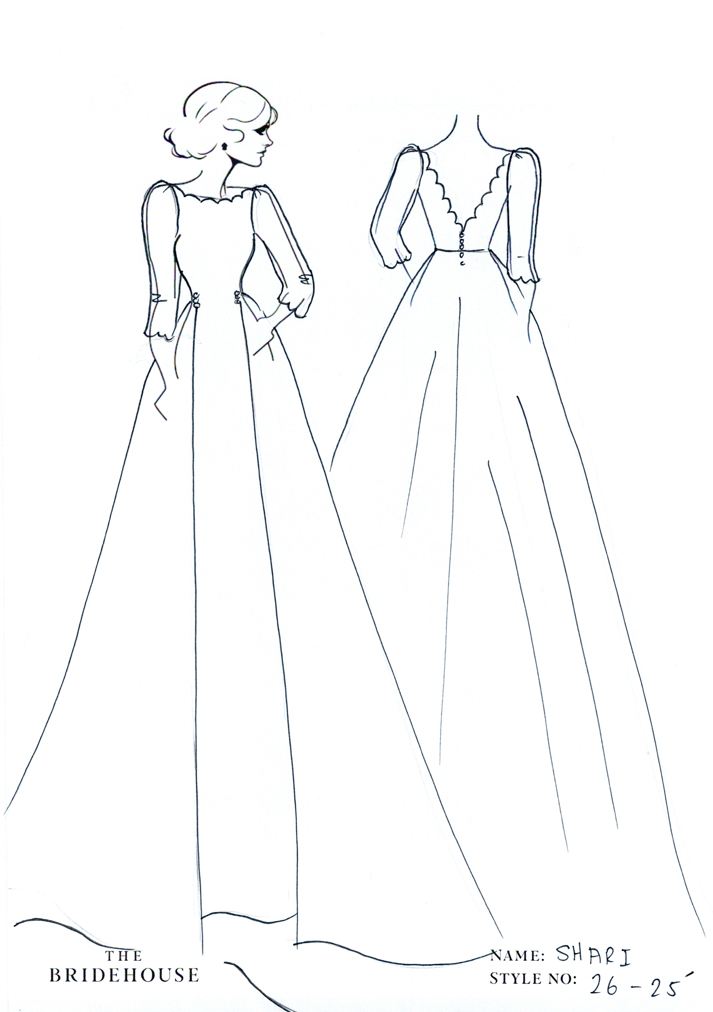 Shari Wedding Gown, scalloped boat neck, mermaid skirt with overskirt, 3/4 long sleeves