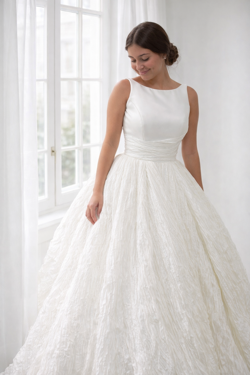 Audrey Wedding Dress with boat neck and full skirt, classic design