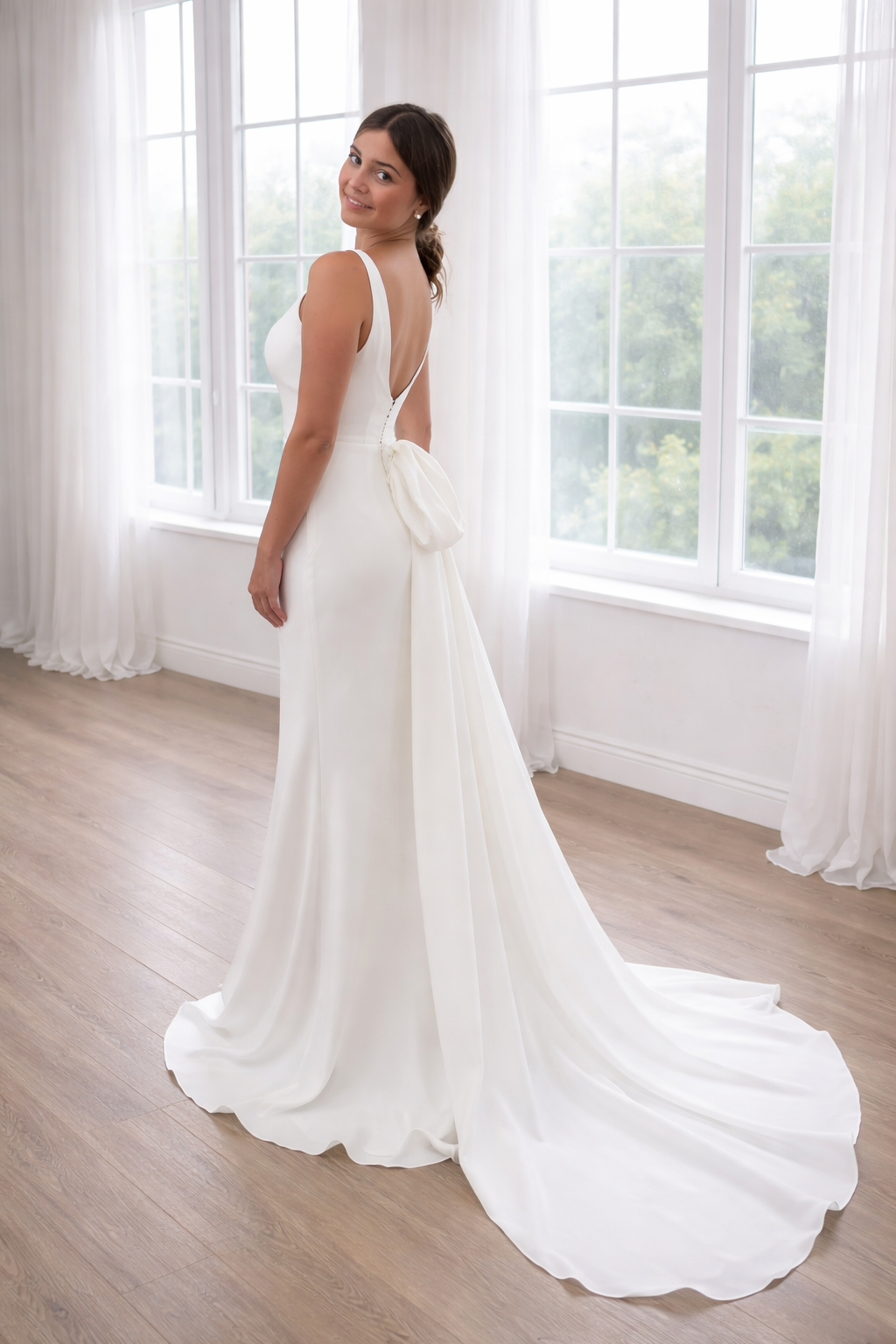 Grace wedding dress, classic minimal styling with boat neck.