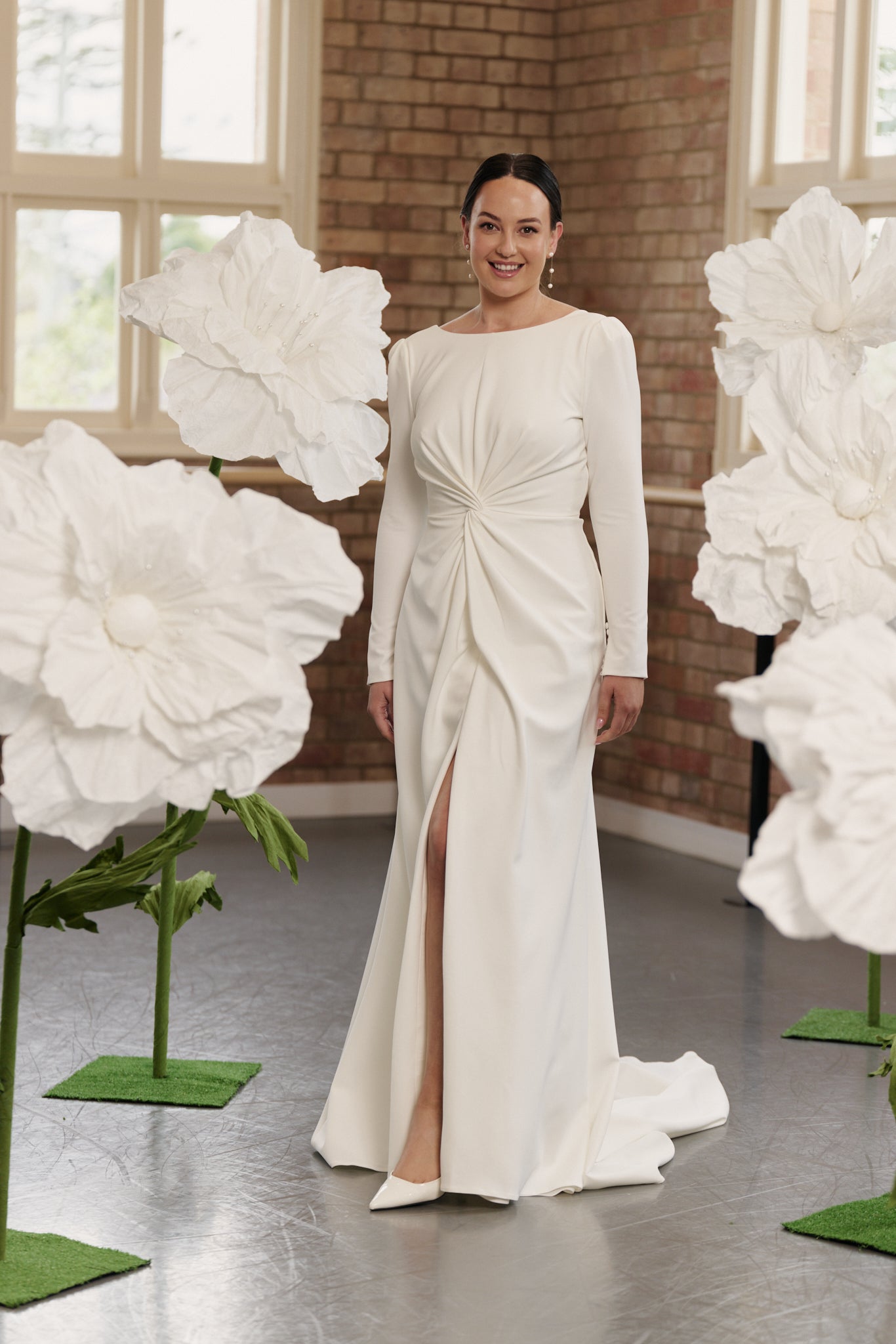 Agnes Wedding Dress, backless, boat neck, front split, long sleeve wedding gown, front view.