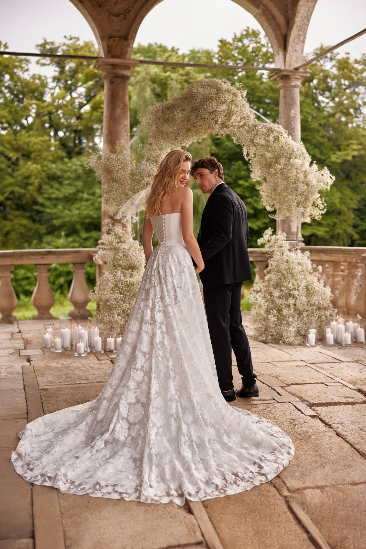 Aura Wedding Gown, corset satin bodice with Lace skirt with train, princess style silhouette