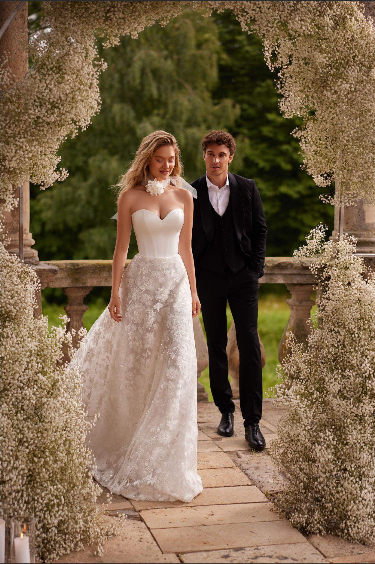 Aura Wedding Gown, corset satin bodice with Lace skirt with train, princess style silhouette