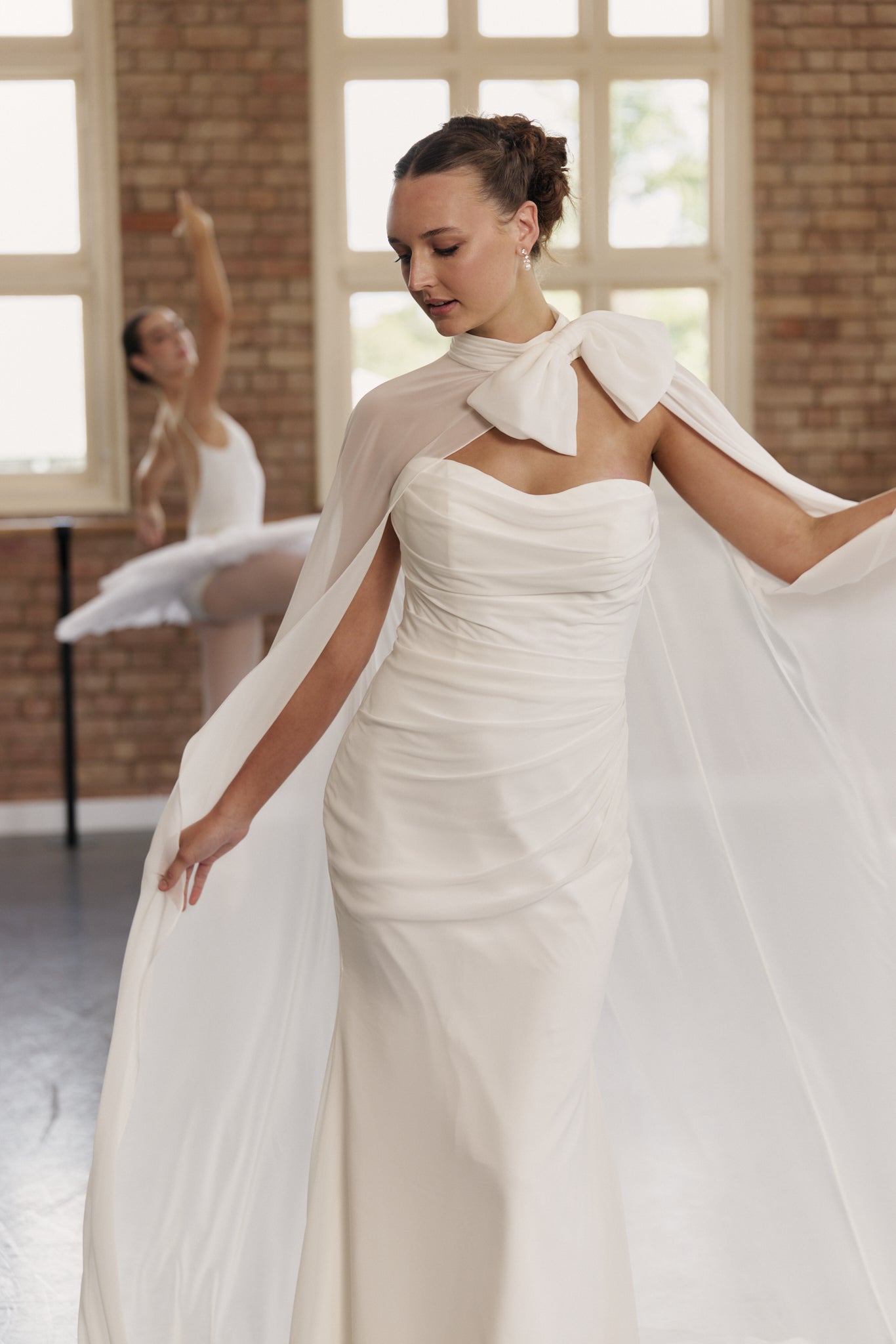 Bridgette Wedding Gown, ruched, strapless, mermaid gown in soft chiffon with structured wedding cape