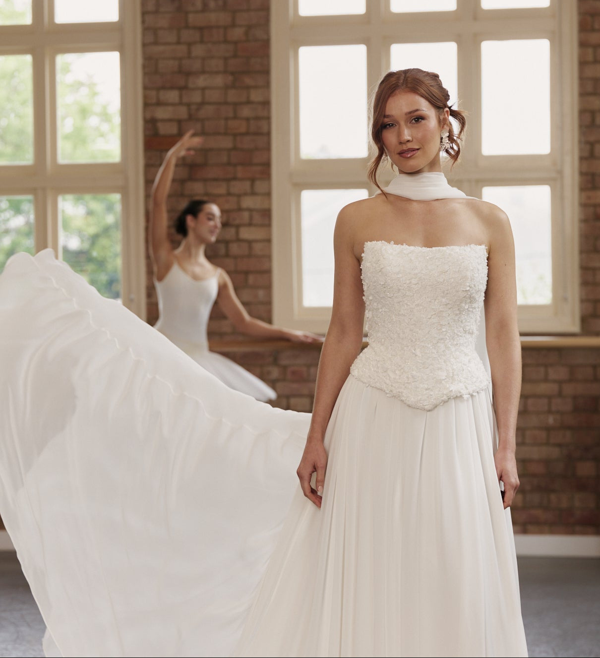 Daisy wedding bodice in textured lace with soft bouson hips.