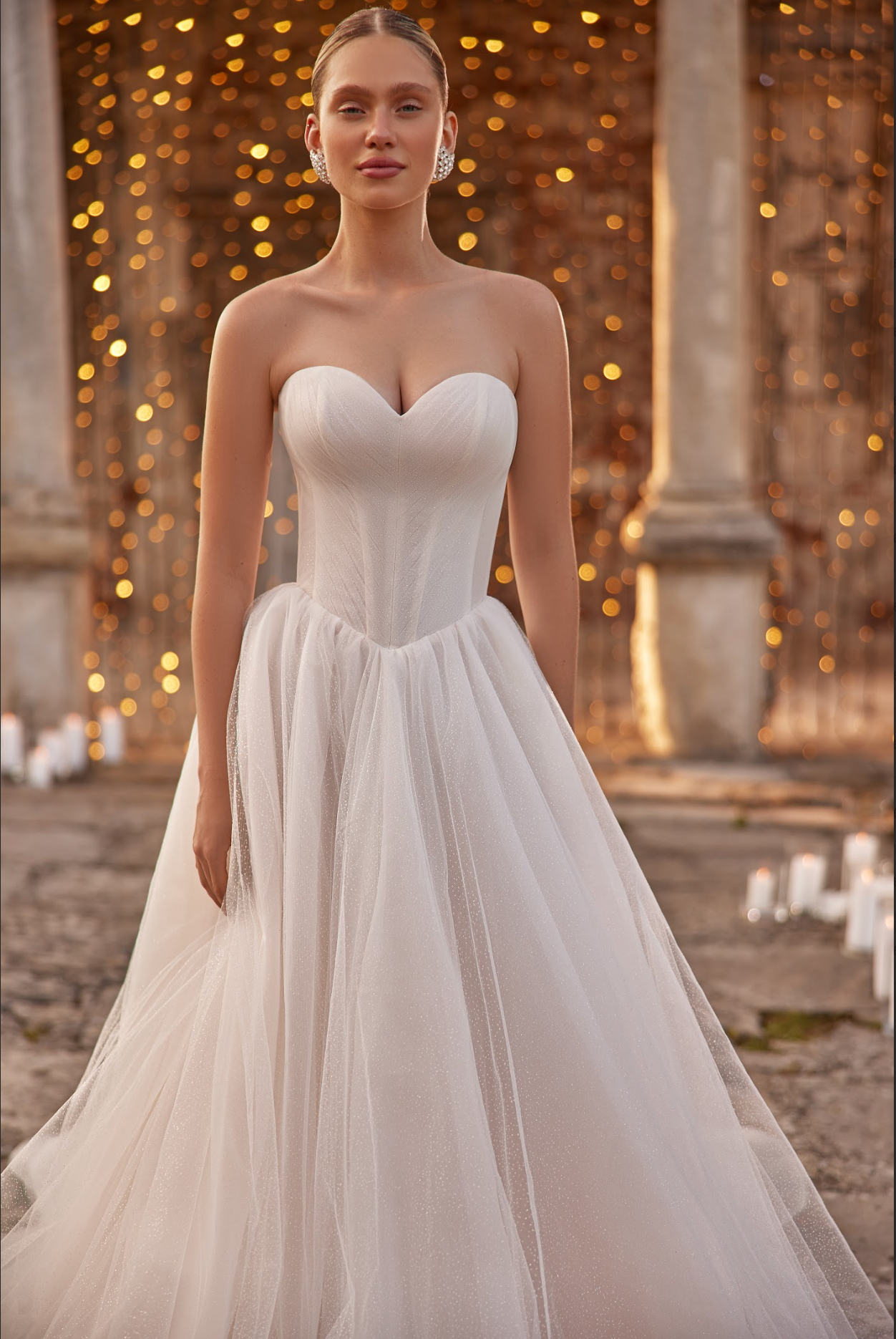 Ease Wedding Gown, corset bodice in pleated tulle with sparkly princess gown silhouette