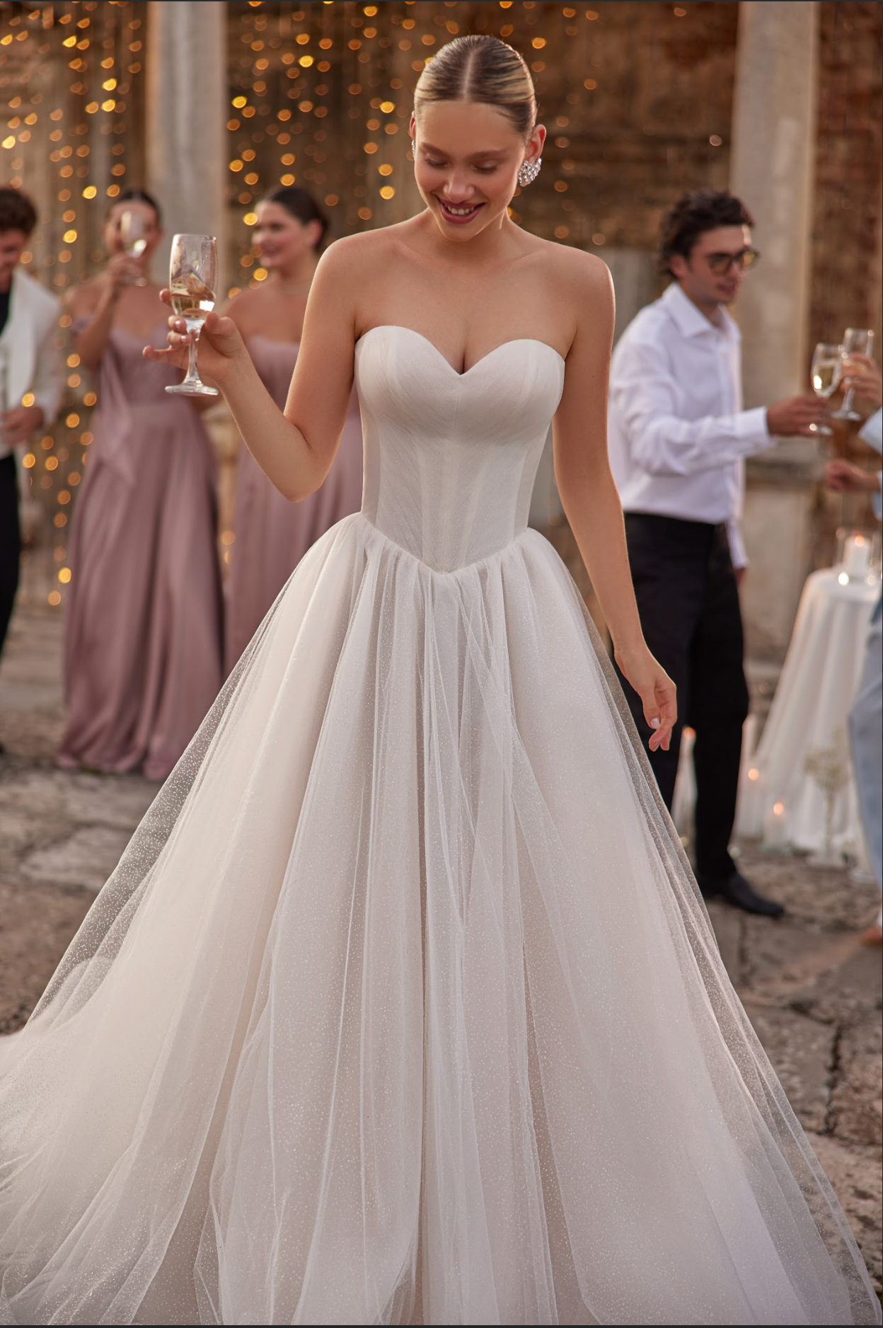 Ease Wedding Gown, corset bodice in pleated tulle with sparkly princess gown silhouette