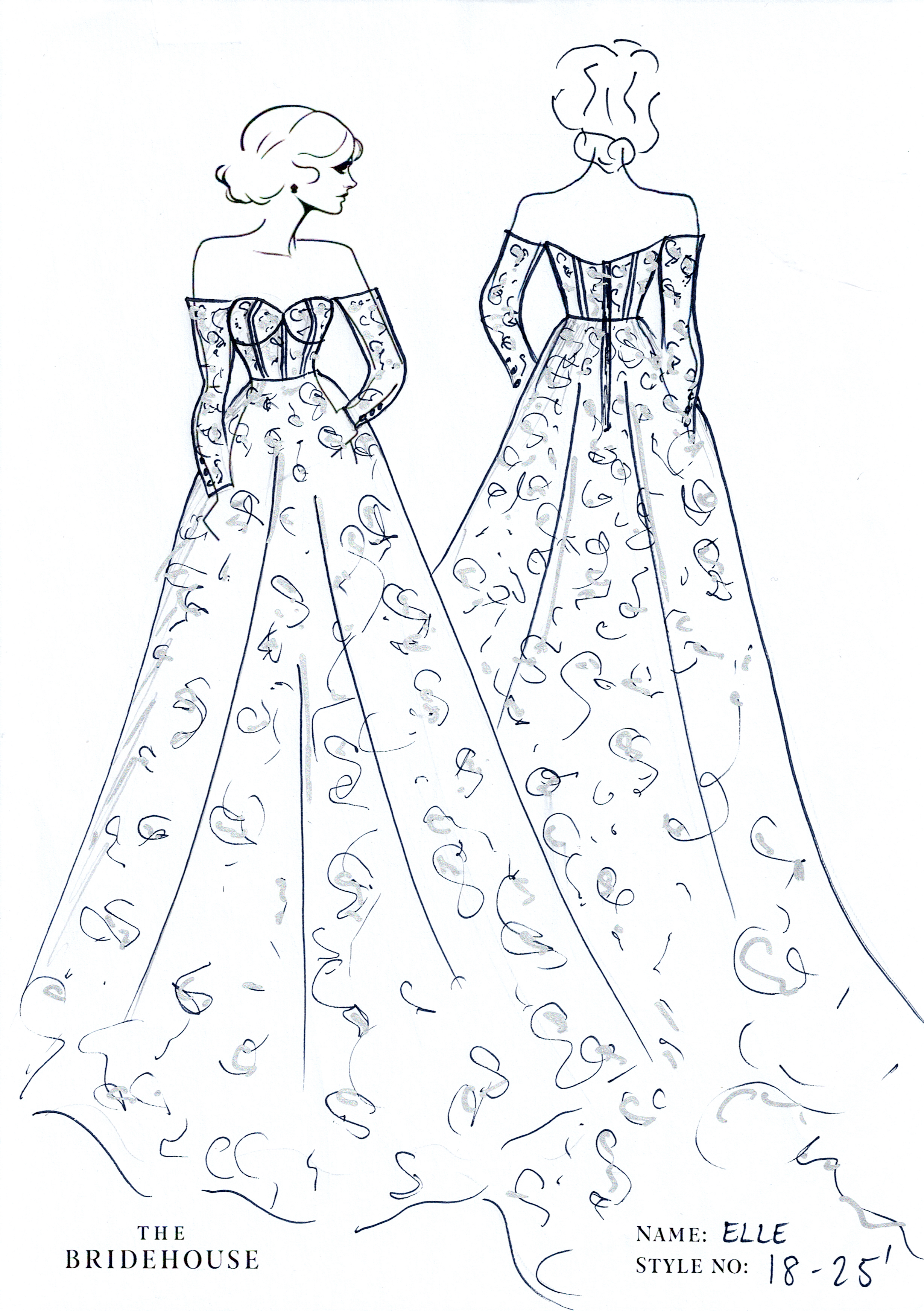 Elle Wedding Dress, full lace gown, princess style, off shoulder, strapless, long sleeves, corseted bodice