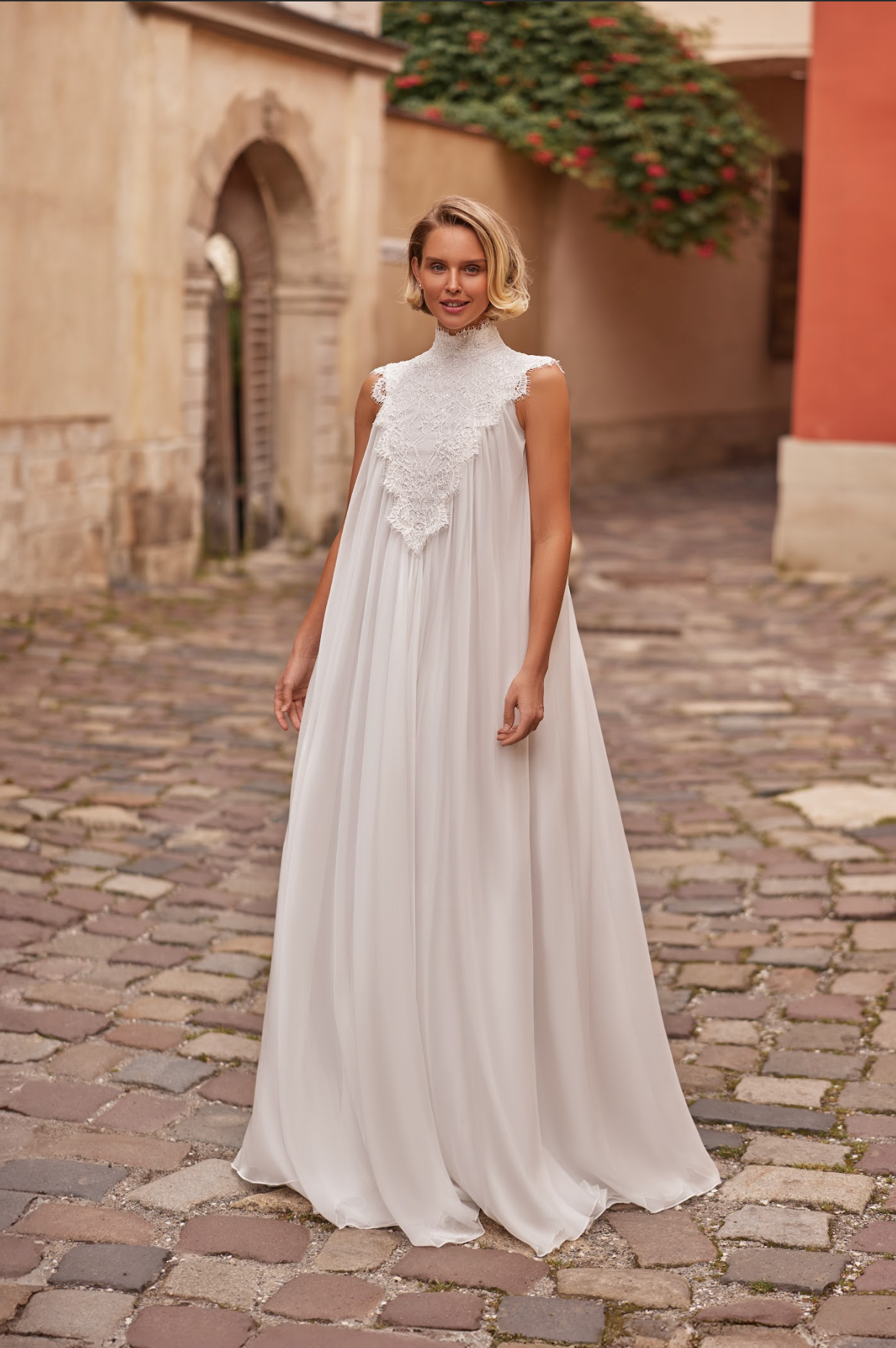 Elza Wedding Gown with flowy chiffon skirt, high neck, hand embroidered lace yoke