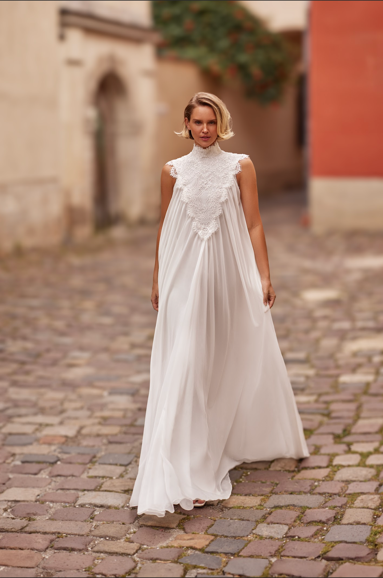 Elza Wedding Gown with flowy chiffon skirt, high neck, hand embroidered lace yoke