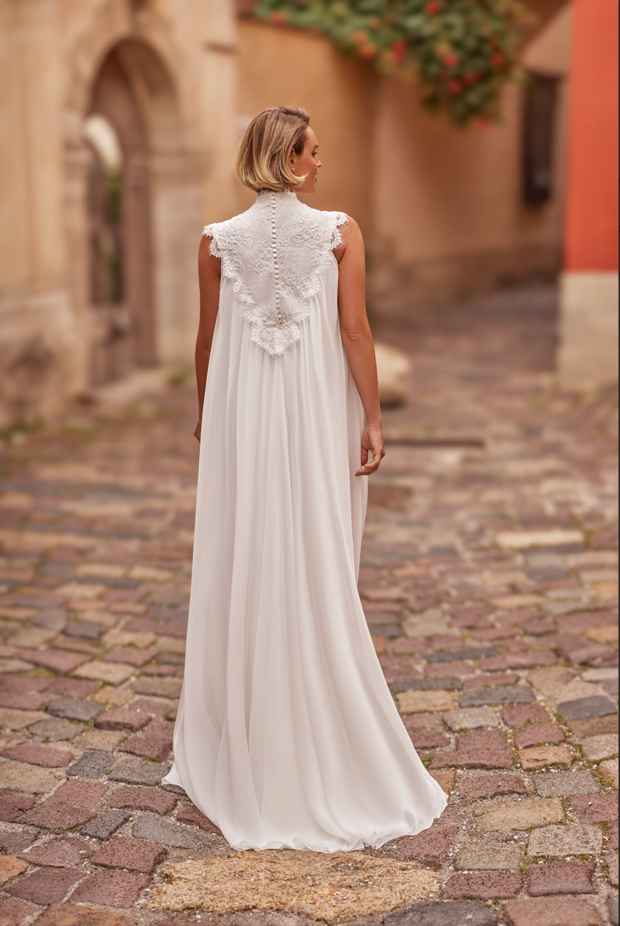 Elza Wedding Gown with flowy chiffon skirt, high neck, hand embroidered lace yoke