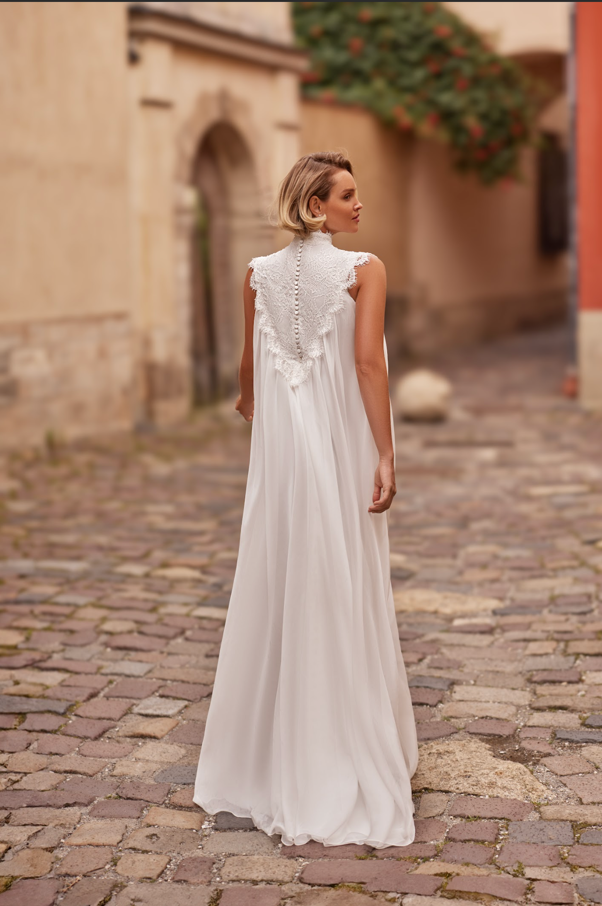 Elza Wedding Gown with flowy chiffon skirt, high neck, hand embroidered lace yoke