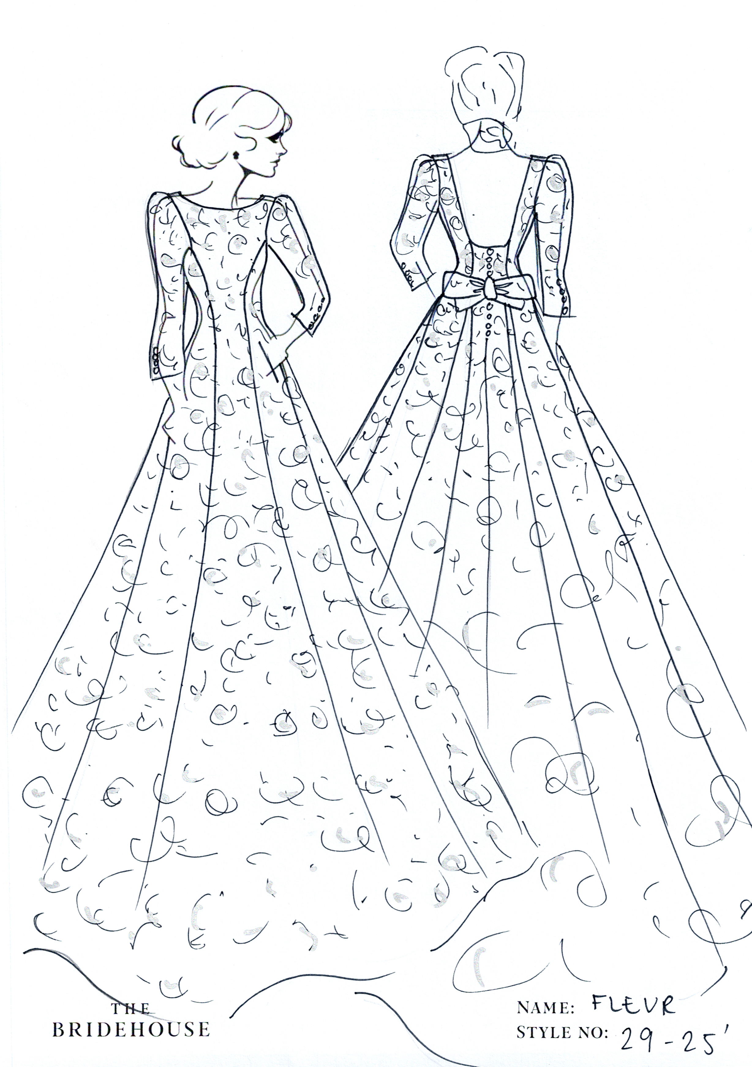 Fleur Wedding Gown, boat neck, 3/4 length long sleeves, full skirt in jacquard fabric