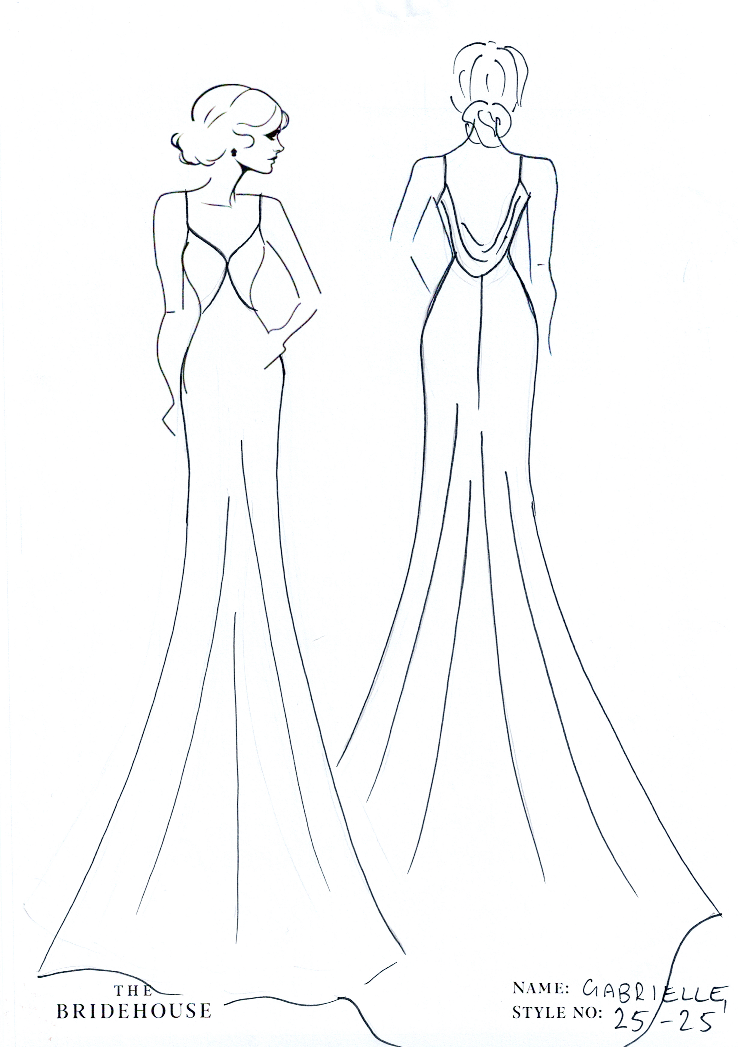 Gabrielle wedding gown, sheath style, satin with v neck, backless with low cowl and spaghetti straps