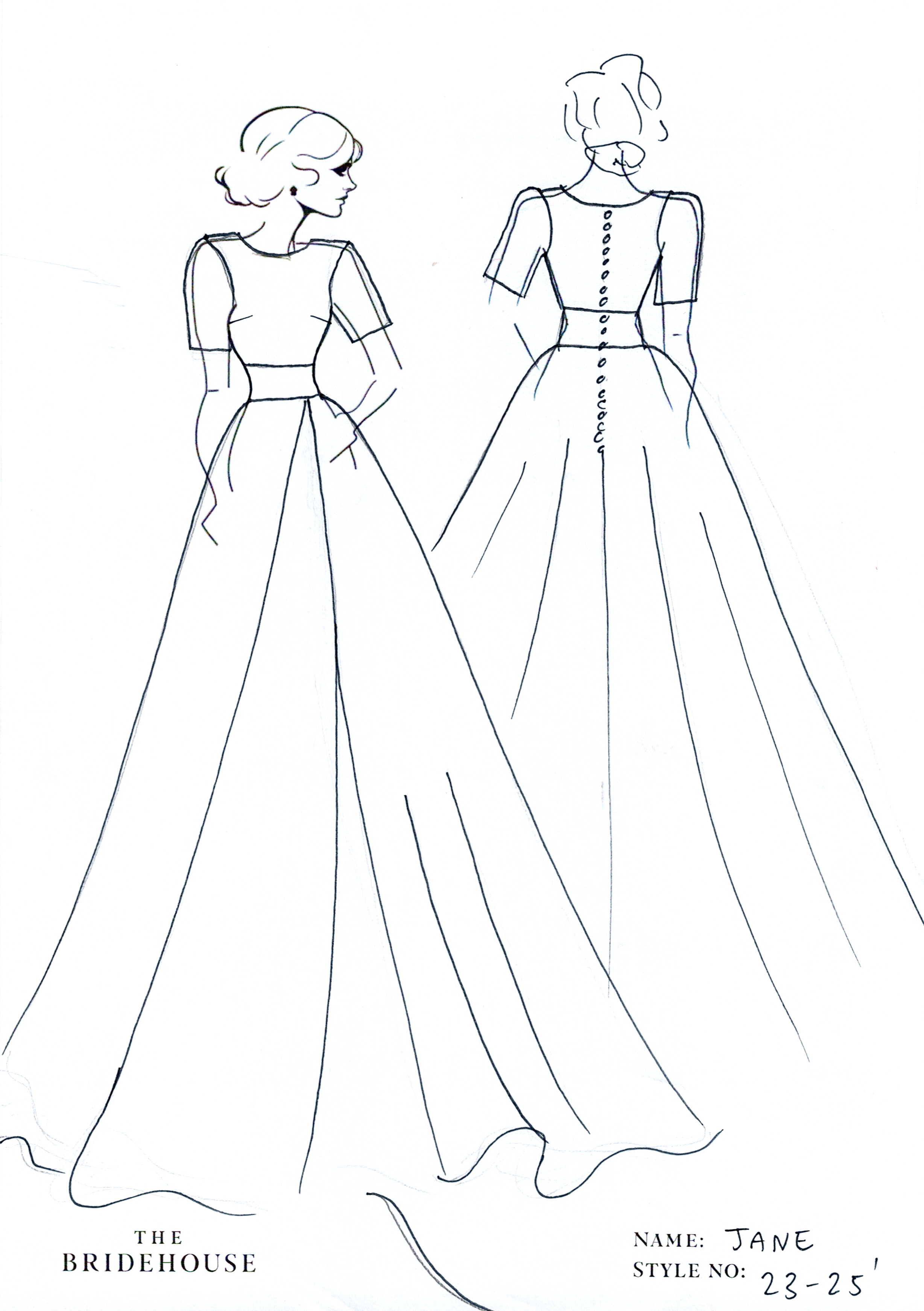 Jane Wedding Dress,  short sleeve, waist band, full skirt with split, round neck