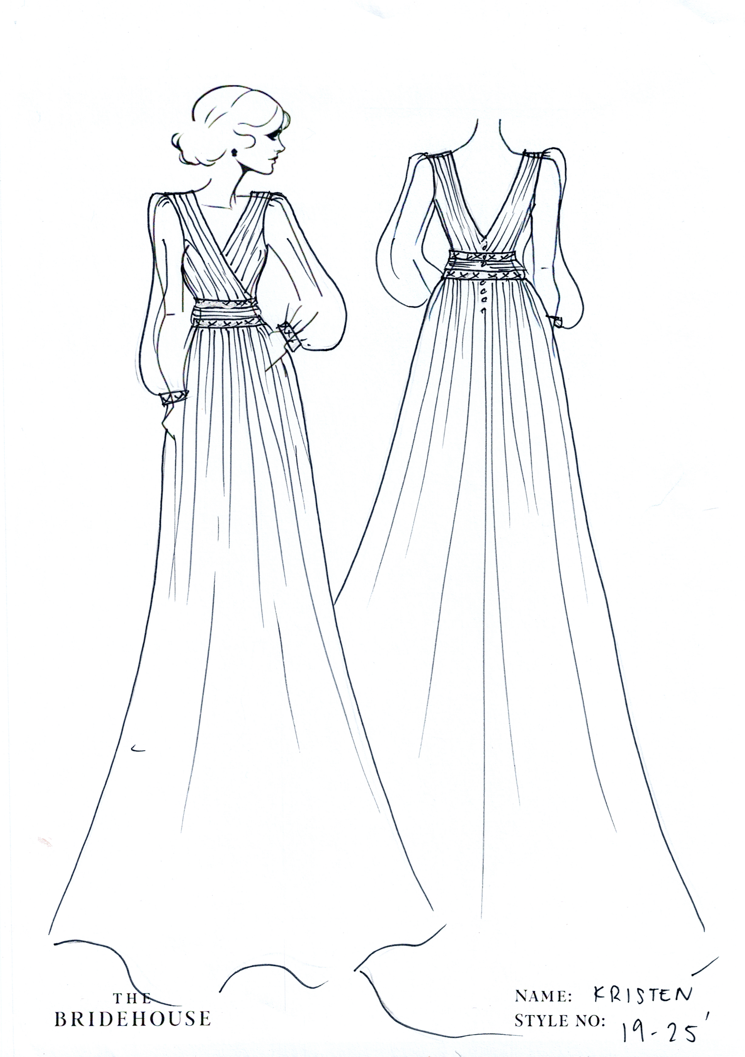 Kristen Wedding Gown, finely pleated chiffon, wrap dress with embroidered belt and a line skirt