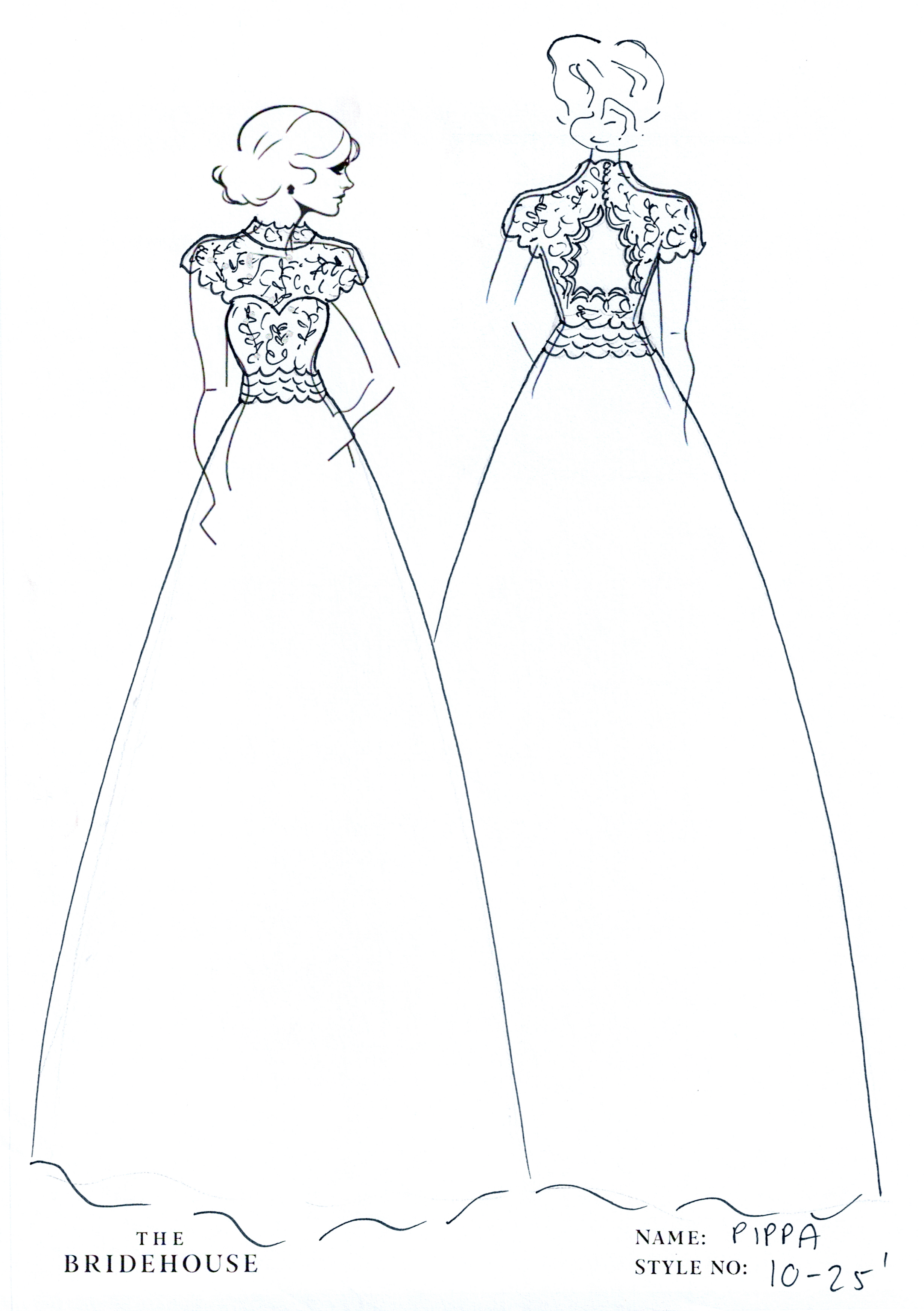 Pippa Wedding Gown, cap sleeve, lace bodice, open back, lace waistband with a line skirt