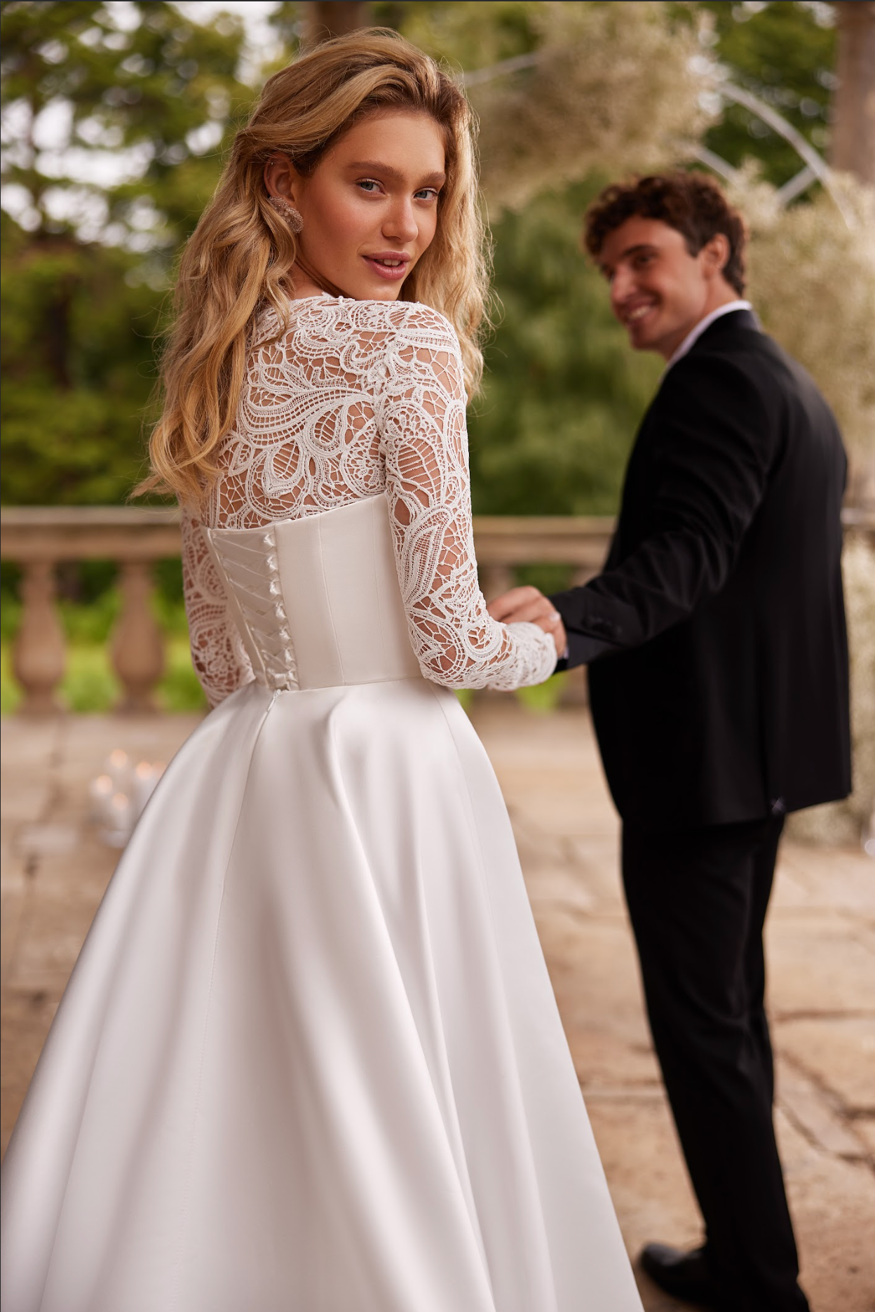 Sokotra wedding gown, satin corset bodice and skirt with slit, wings on shoulders, off the shoulder, strapless, macrame lace bodice, A line and ball gown, simple princess style