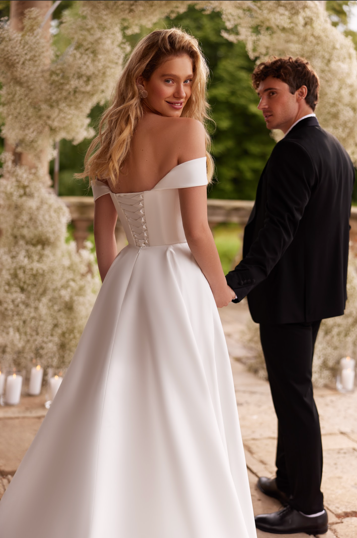 Sokotra Wedding gown, satin corset bodice and skirt with slit, wings on shoulders, off the shoulder, strapless, macrame lace bodice, A line and ball gown, simple princess style