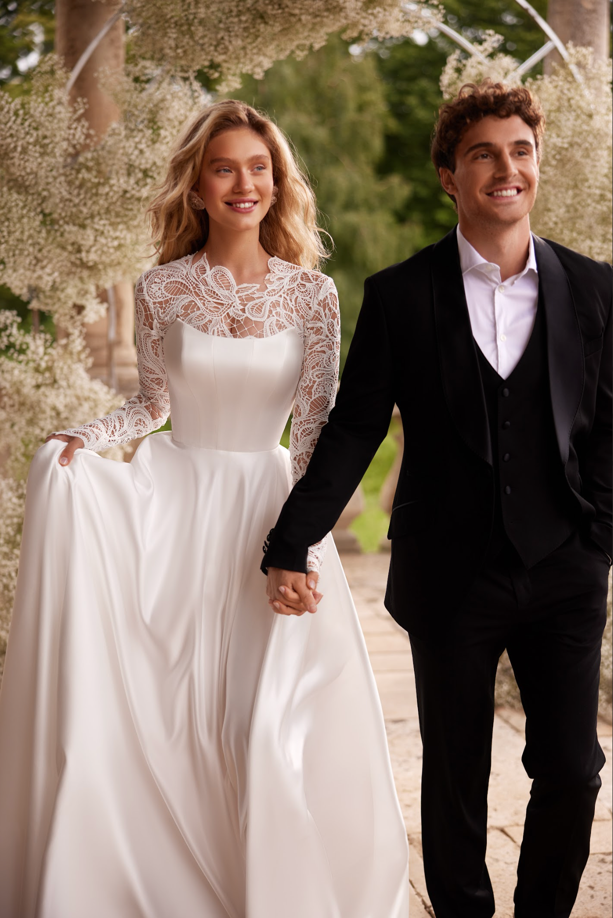 Sokotra wedding gown, satin corset bodice and skirt with slit, wings on shoulders, off the shoulder, strapless, macrame lace bodice, A line and ball gown, simple princess style