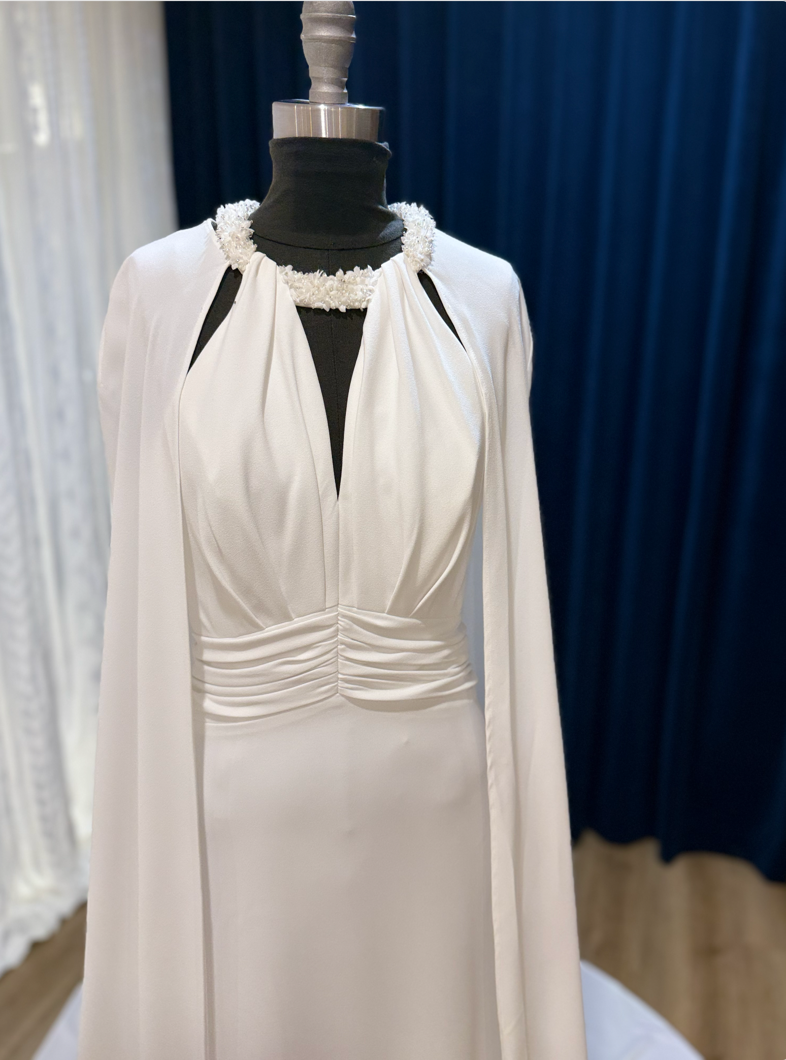 Estelle Wedding Dress, Sheath style with Halter neck and cape