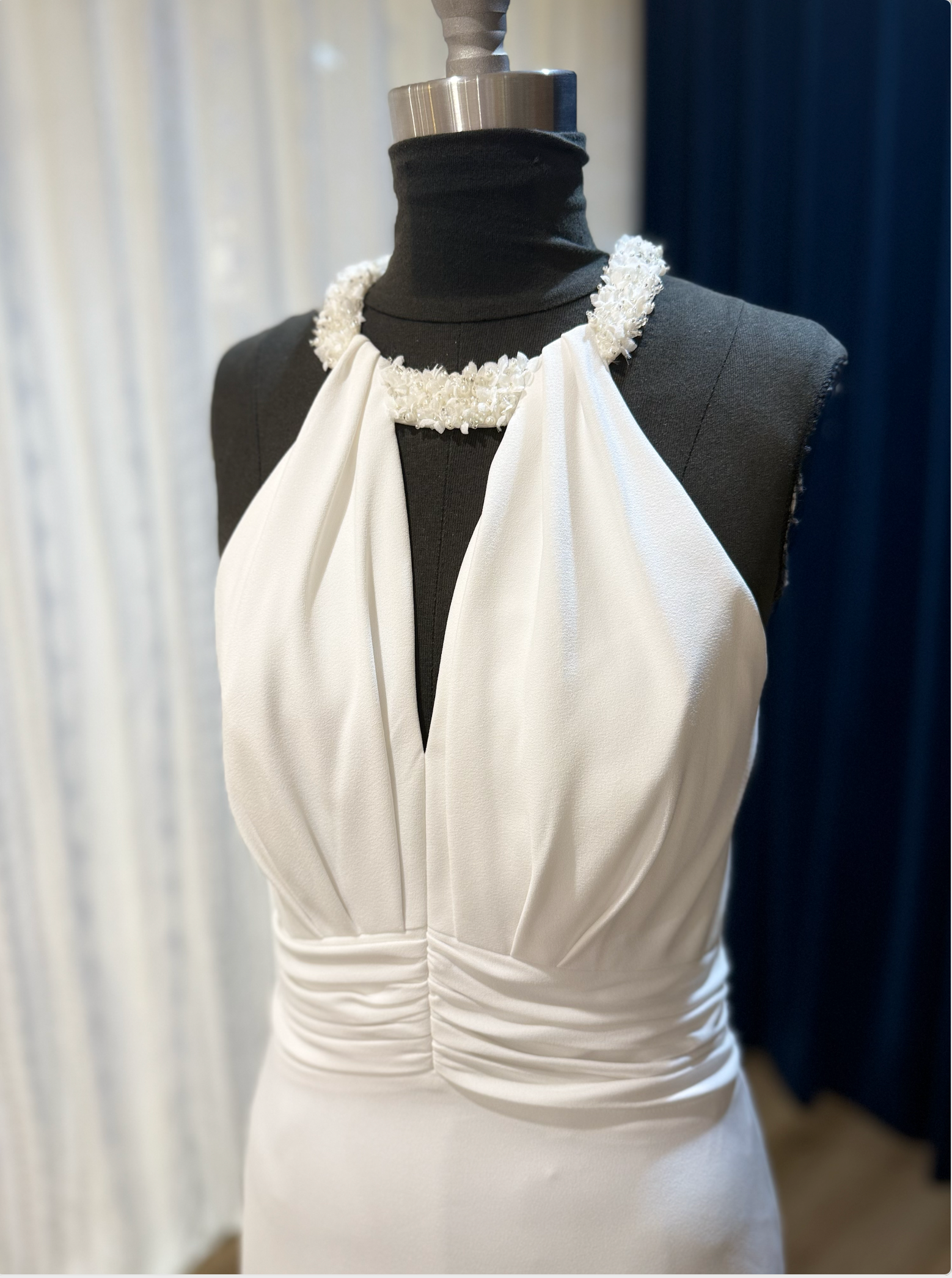 Estelle Wedding Dress close up with beaded halter neck.