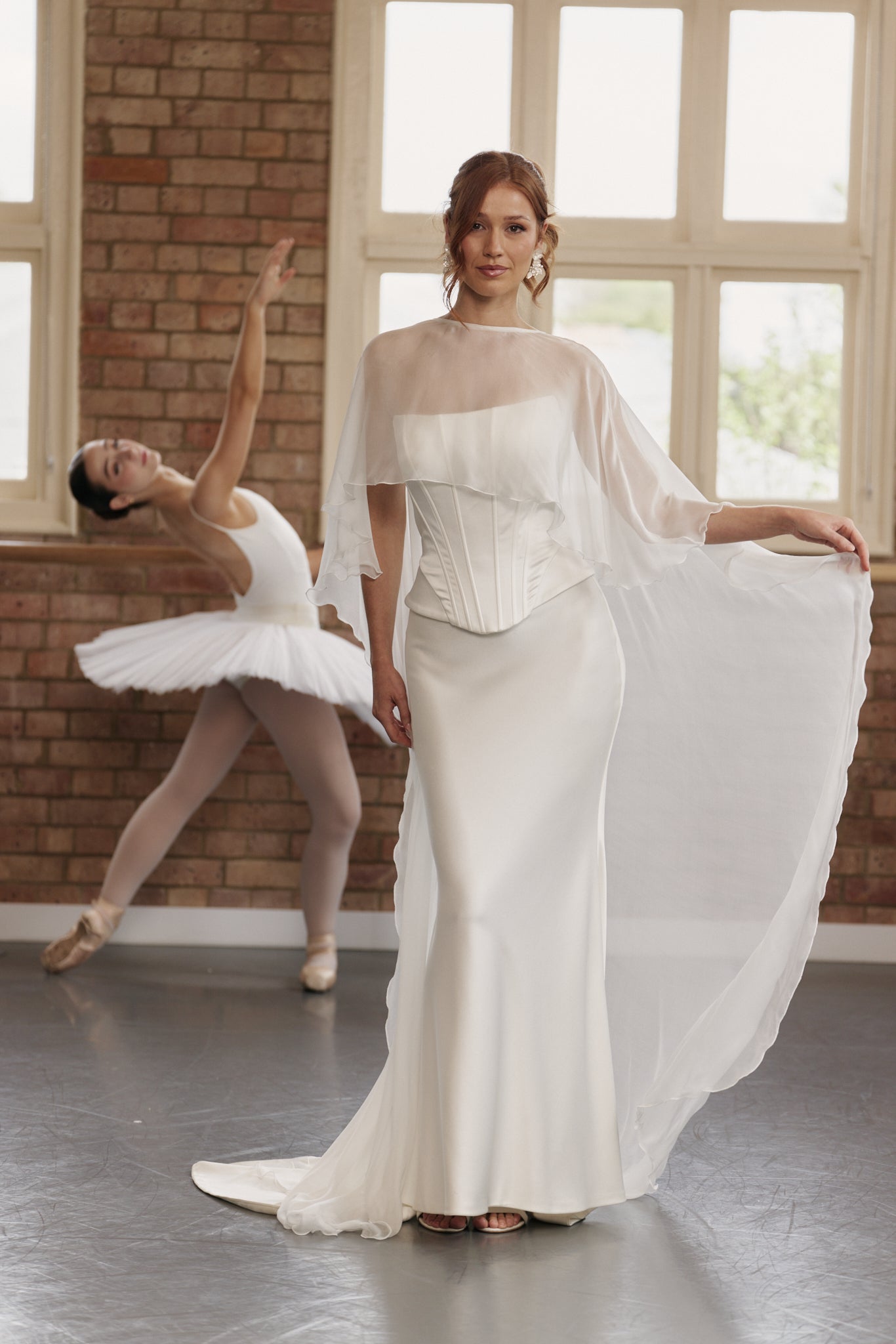 Bias-cut shiny crepe wedding skirt styled with the Poppy bodice elegant minimalist bridal separates in luxurious crepe fabric.