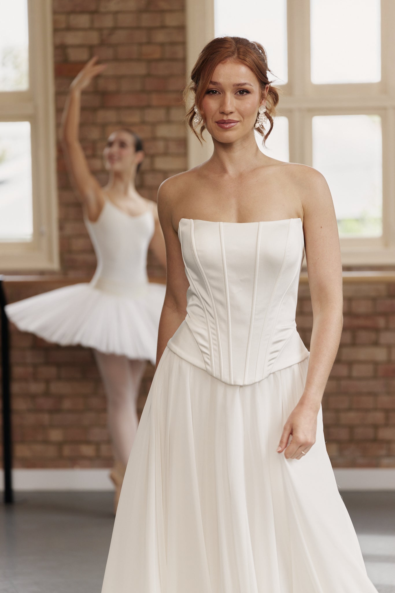 Elegant modern wedding bodice with subtle boning, ideal for pairing with chiffon or crepe skirt.