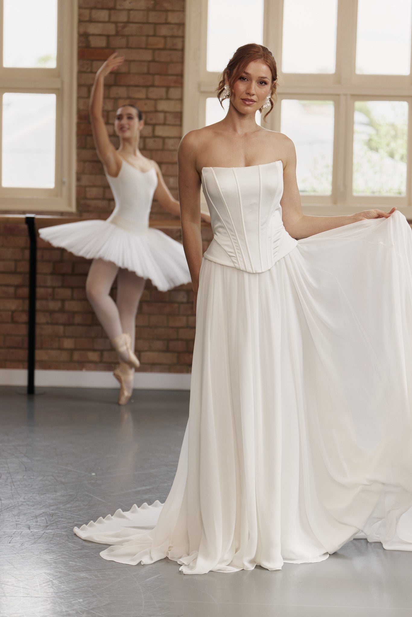 Lily bodice smooth shiny bridal corset with structured boning paired with gathered chiffon skirt for an elegant minimalist wedding look