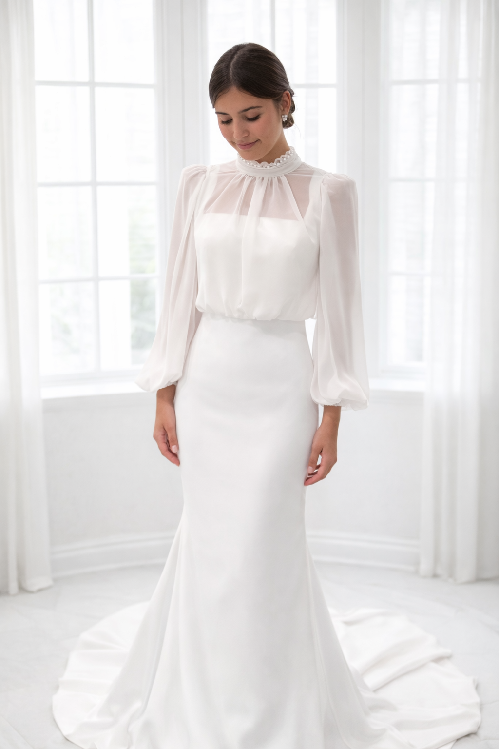 Bride wearing Claudia two-piece wedding dress featuring a sleek crepe column gown with square neckline and sheer chiffon blouse with billowy sleeves