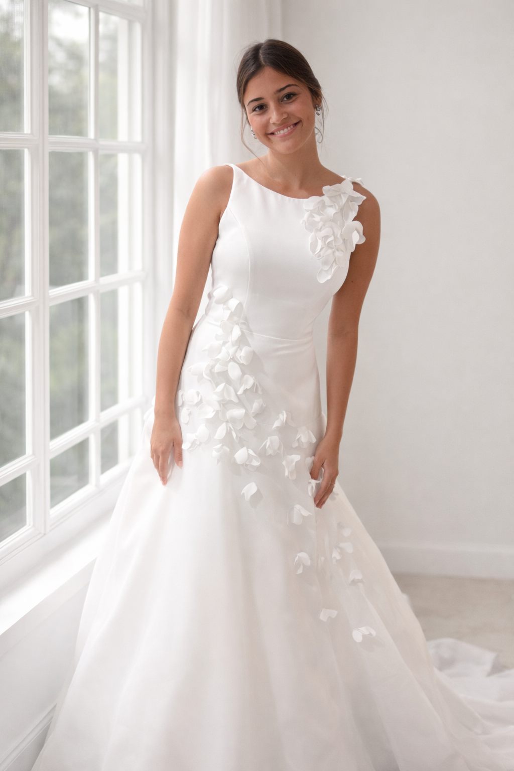 Lauren wedding dress, a modern gown with boat neckline and cascading 3D floral details