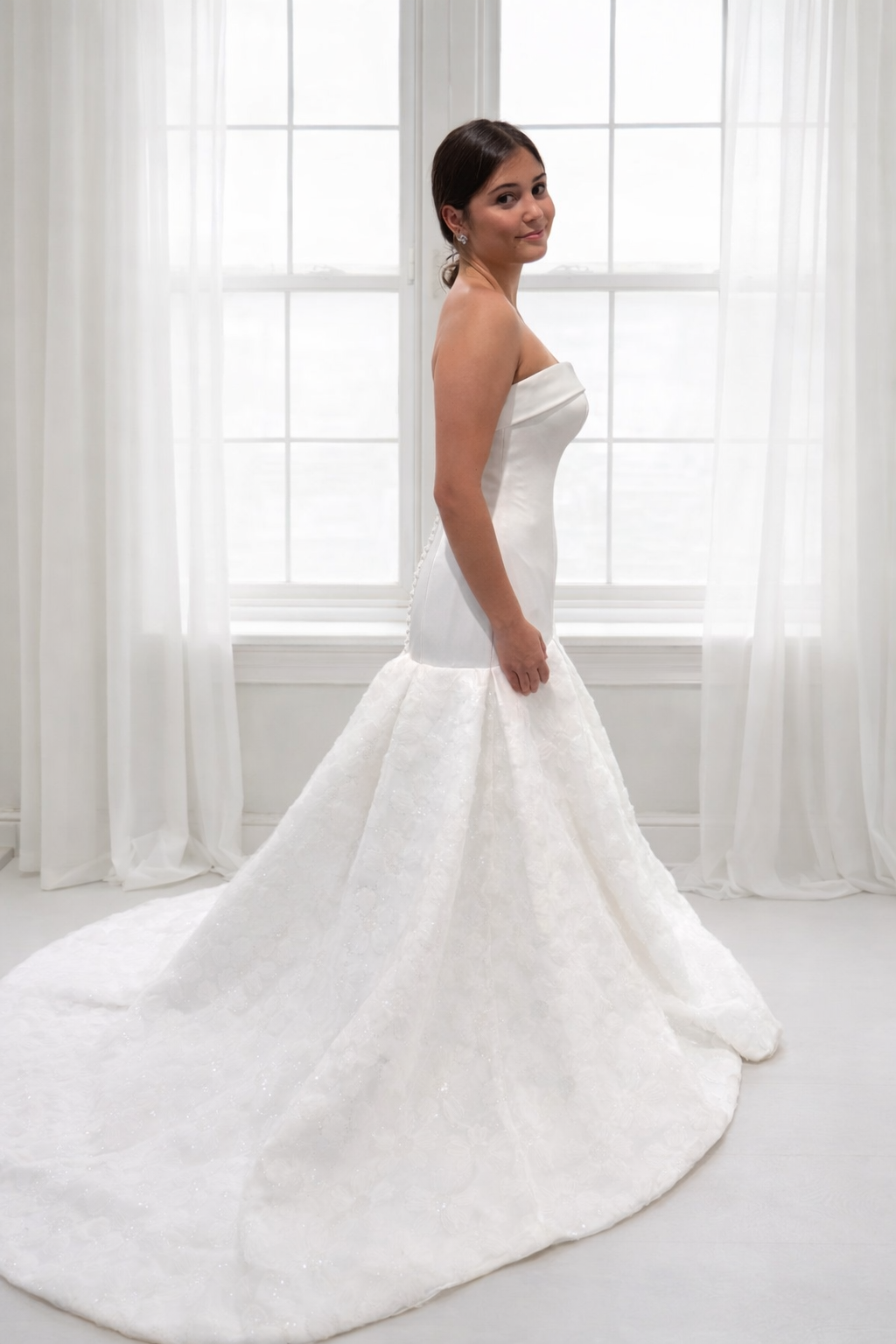 Aria mermaid wedding dress with floral skirt.