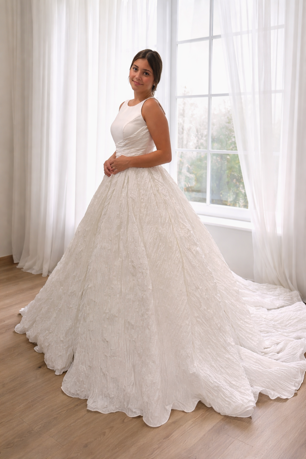 Audrey wedding gown, boat neck with full skirt classic design