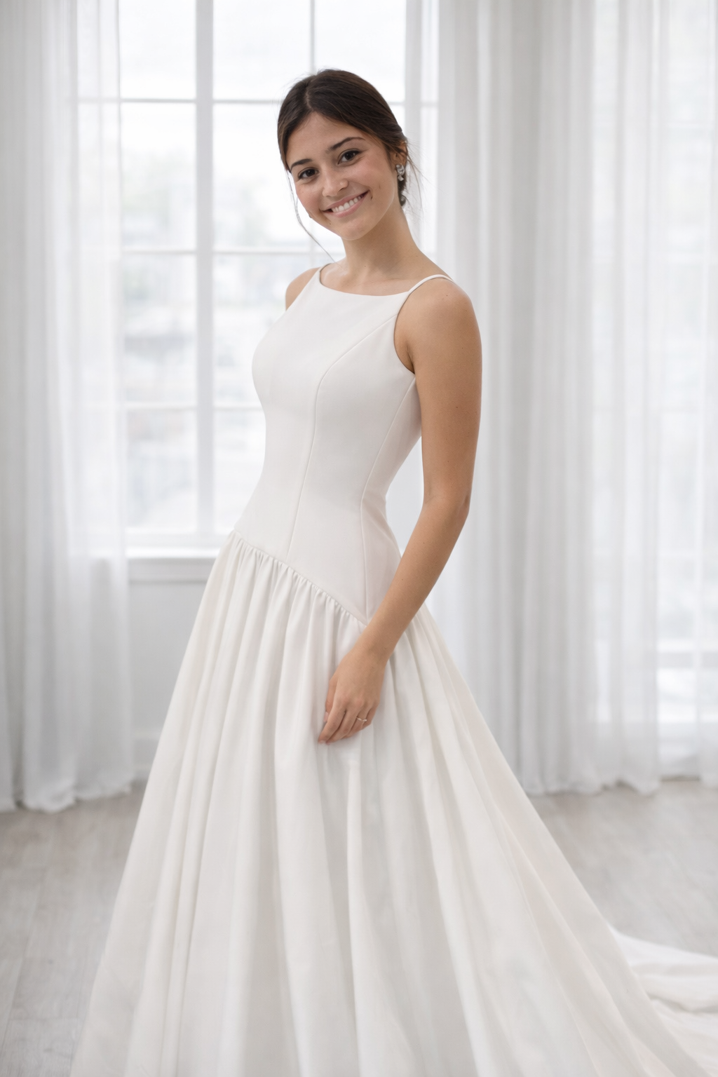 Cilia Wedding Dress with concave drop waist skirt and spaghetti straps - classic style.
