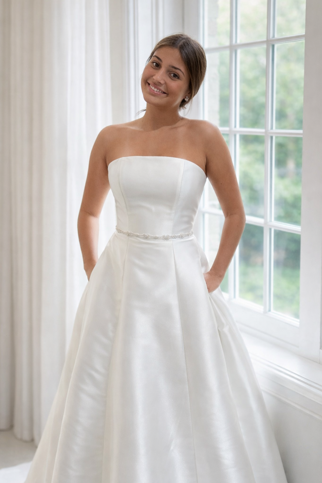 Edie Wedding Dress with classic and minimal empire line and full skirt