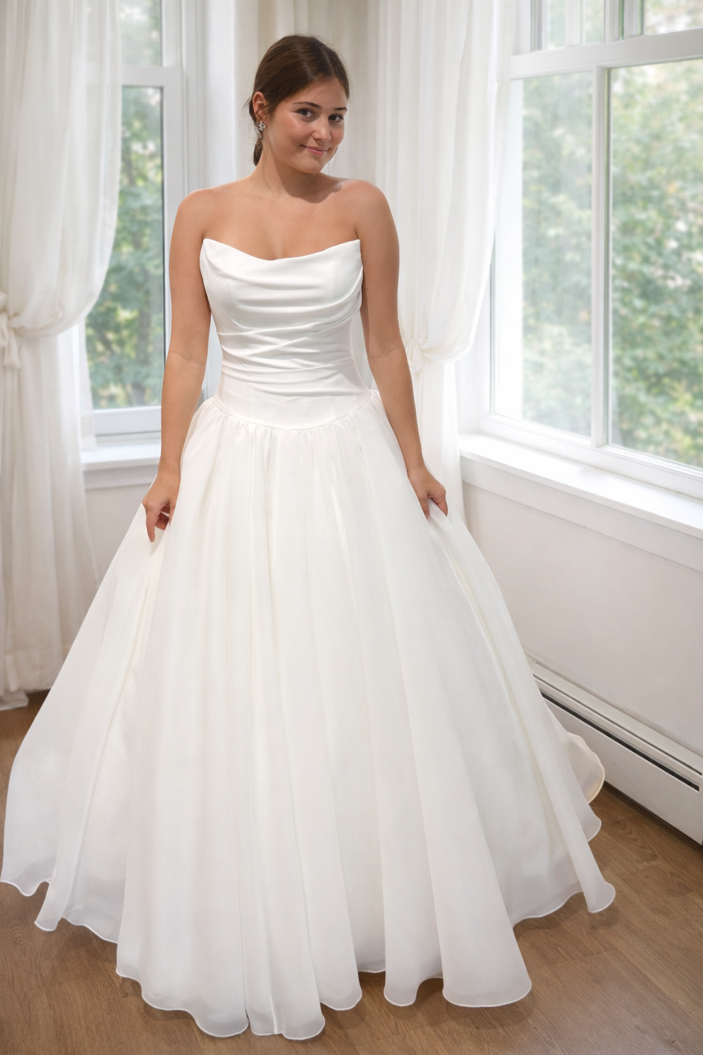 Lara wedding dress with ruched strapless bodice and classic dropped waist
