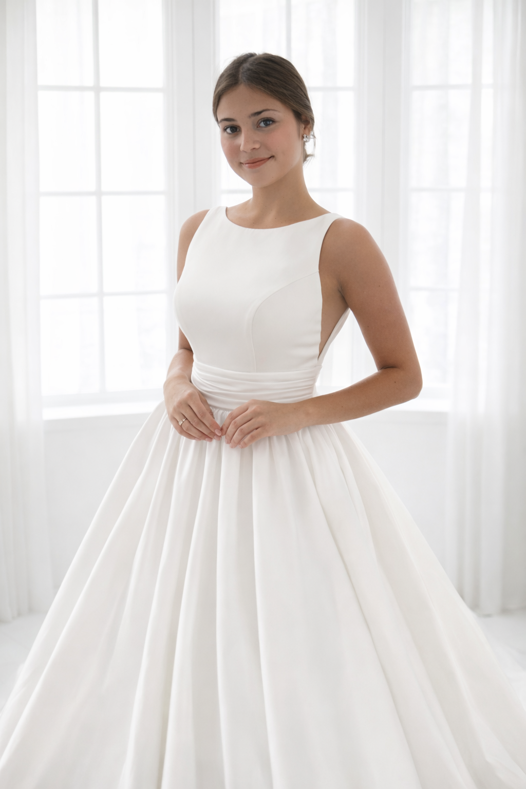 Laura wedding dress with boat neck styling and classic gathering ballgown skirt