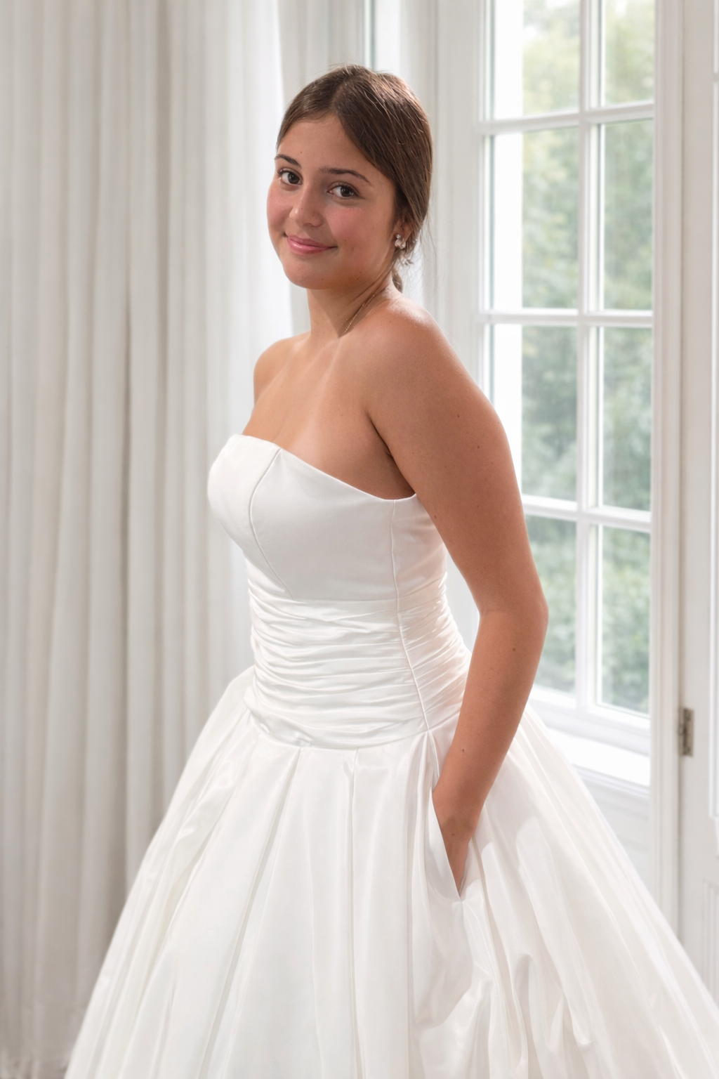 Martina wedding dress, drop waist with ruched waist band.