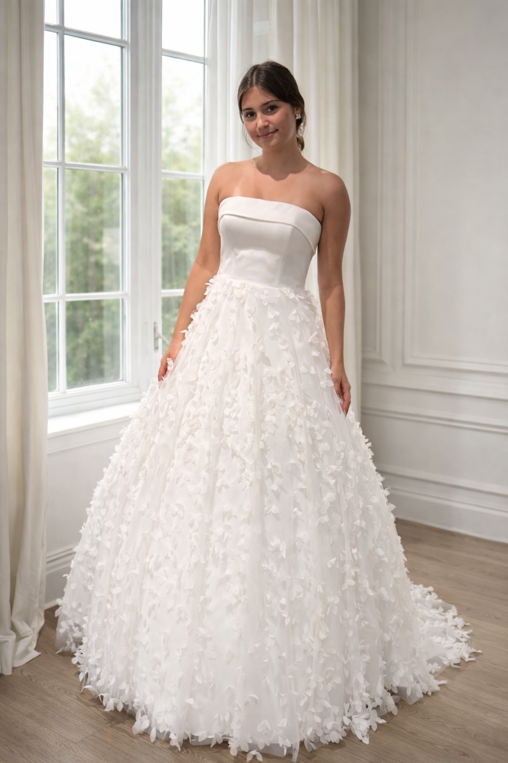Petals wedding dress with 3-d floral mesh overlay.